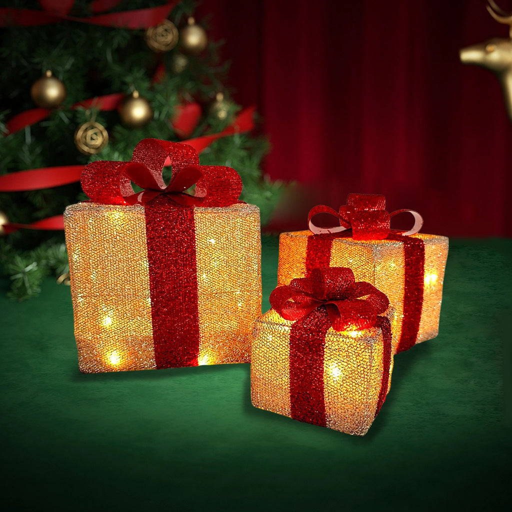 Tyidzon Christmas Lighted Gift Boxes, 3Pcs Christmas Decorations Presents Boxes with Ribbon Bows Christmas Decorations for Xmas Tree, Yard, Home, Indoor Outdoor Holiday Decor