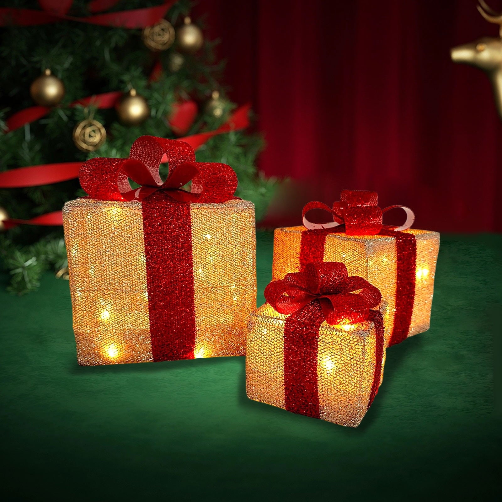 Tyidzon Christmas Lighted Gift Boxes, 3Pcs Christmas Decorations Presents Boxes with Ribbon Bows Christmas Decorations for Xmas Tree, Yard, Home, Indoor Outdoor Holiday Decor
