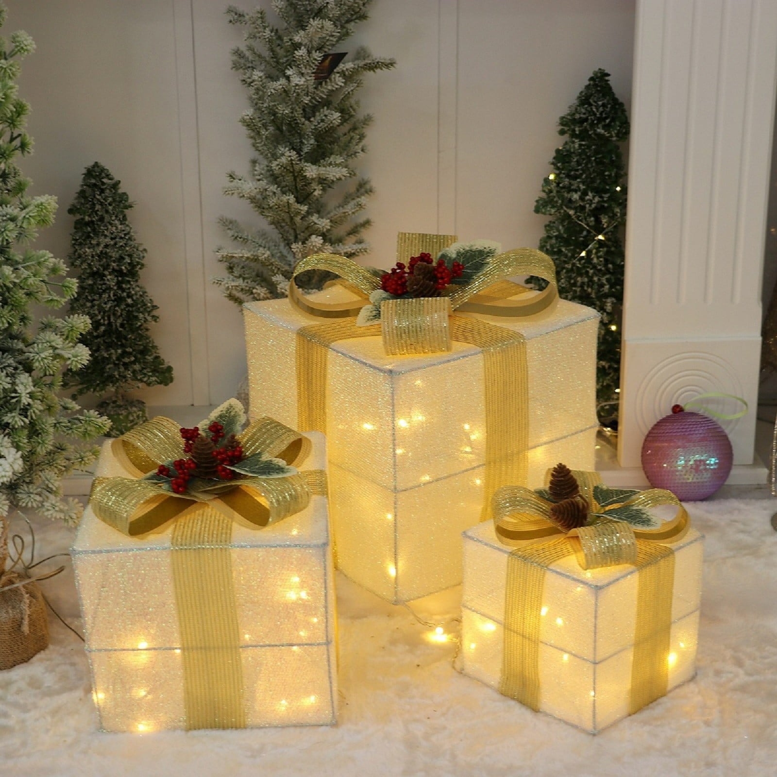 Tyidzon Christmas Lighted Gift Boxes, 3Pcs Christmas Decorations Presents Boxes with Ribbon Bows Christmas Decorations for Xmas Tree, Yard, Home, Indoor Outdoor Holiday Decor
