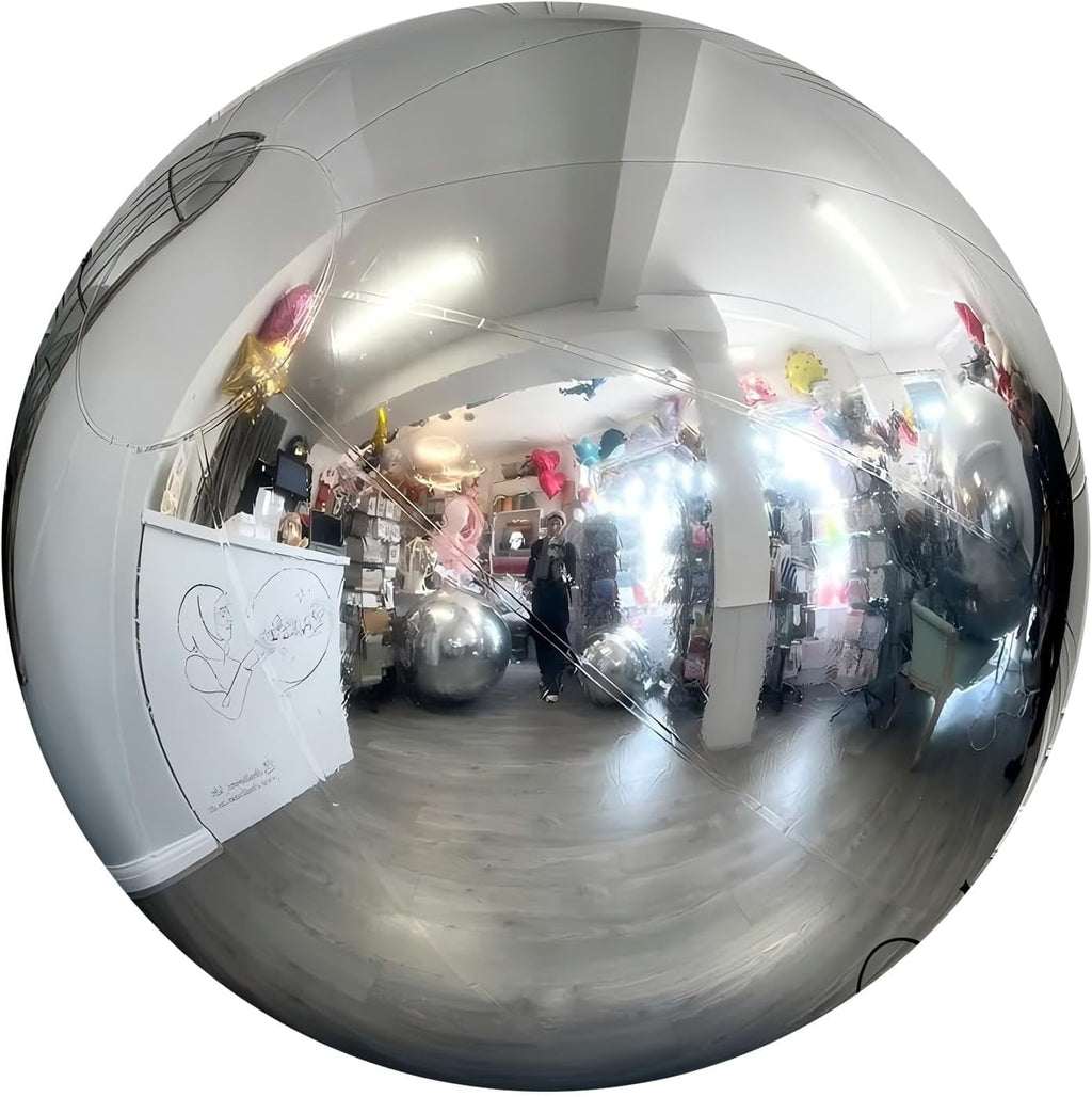US STOCK Inflatable Mirror Ball, Silver Giant Mirror Balloon, Big Shinny Balls, Reusable PVC Hanging Disco Sphere For Party & Wedding & Event Decoration (Silver, 60CM/24IN/1.9FT)