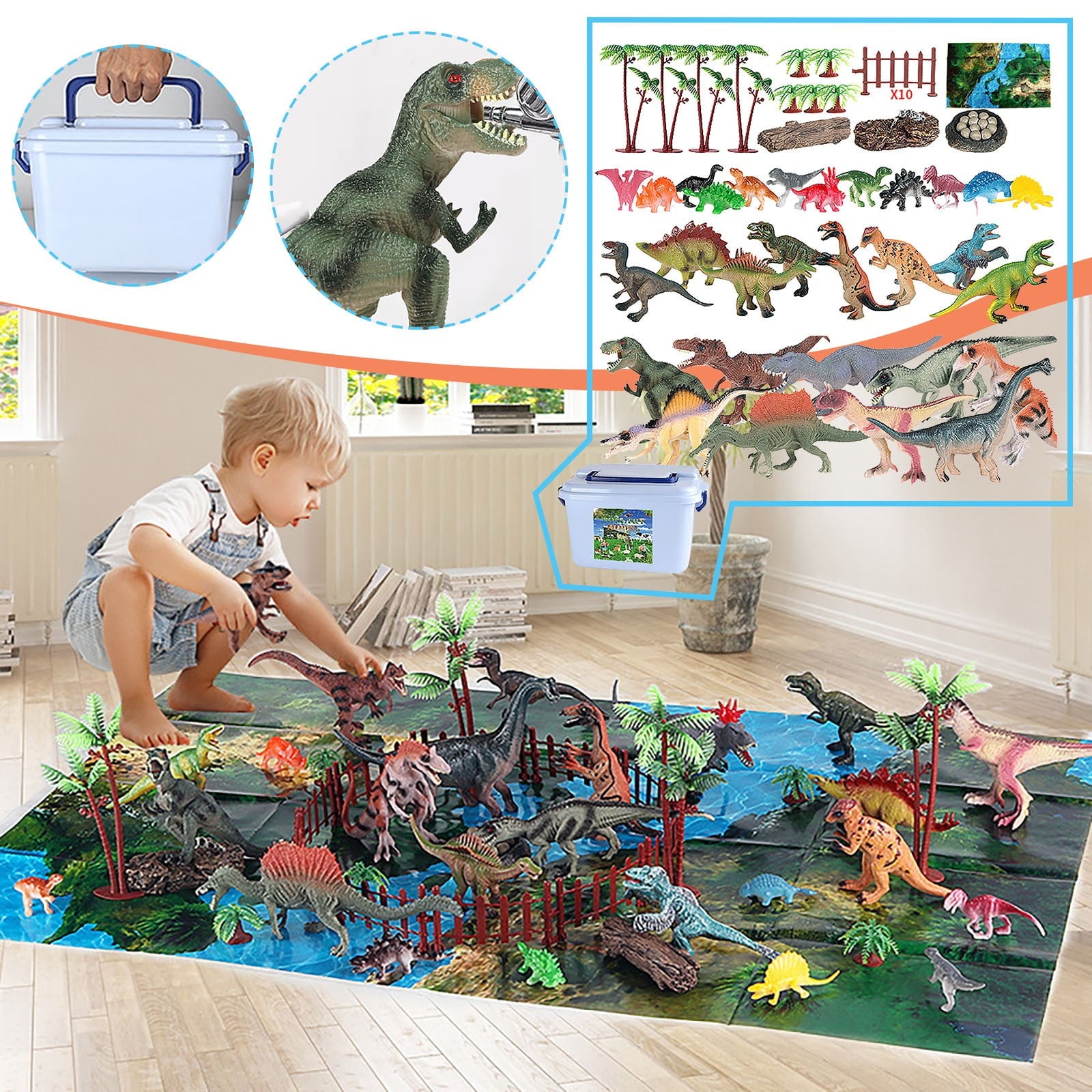Usmixi 52pcs Dinosaur Toys Figures, Realistic Large Dinosaur Figurines with Jumbo Play Mat & Information Dino Book,Educational Dino Figure Playset Cake Topper Decoration for Kids
