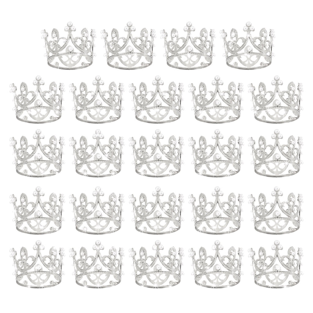 Uxcell 24Pcs Mini Crown Cake Toppers, Alloy Queen Princess Little Silver Crown Heart Shaped, Mini Pearls