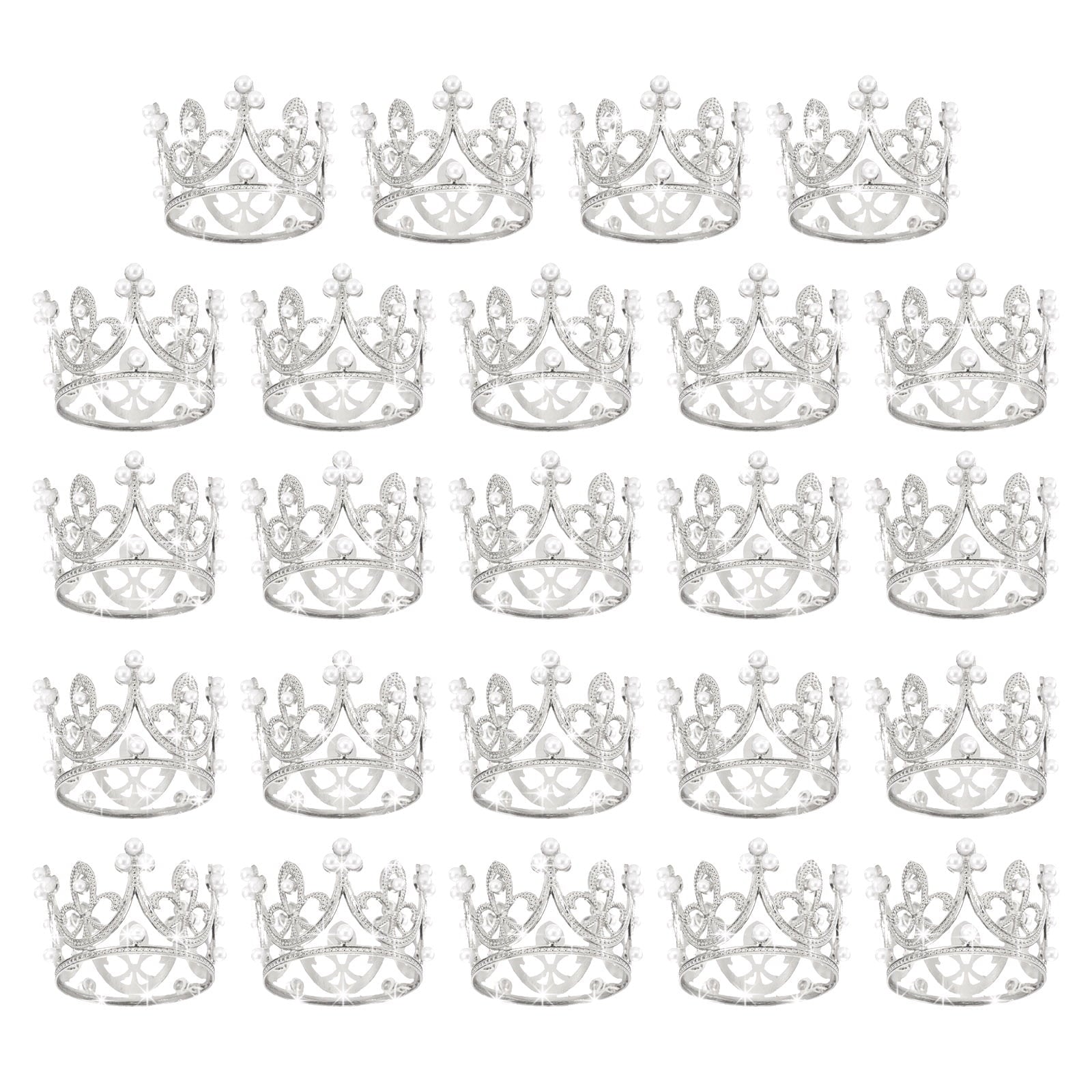 Uxcell 24Pcs Mini Crown Cake Toppers, Alloy Queen Princess Little Silver Crown Heart Shaped, Mini Pearls