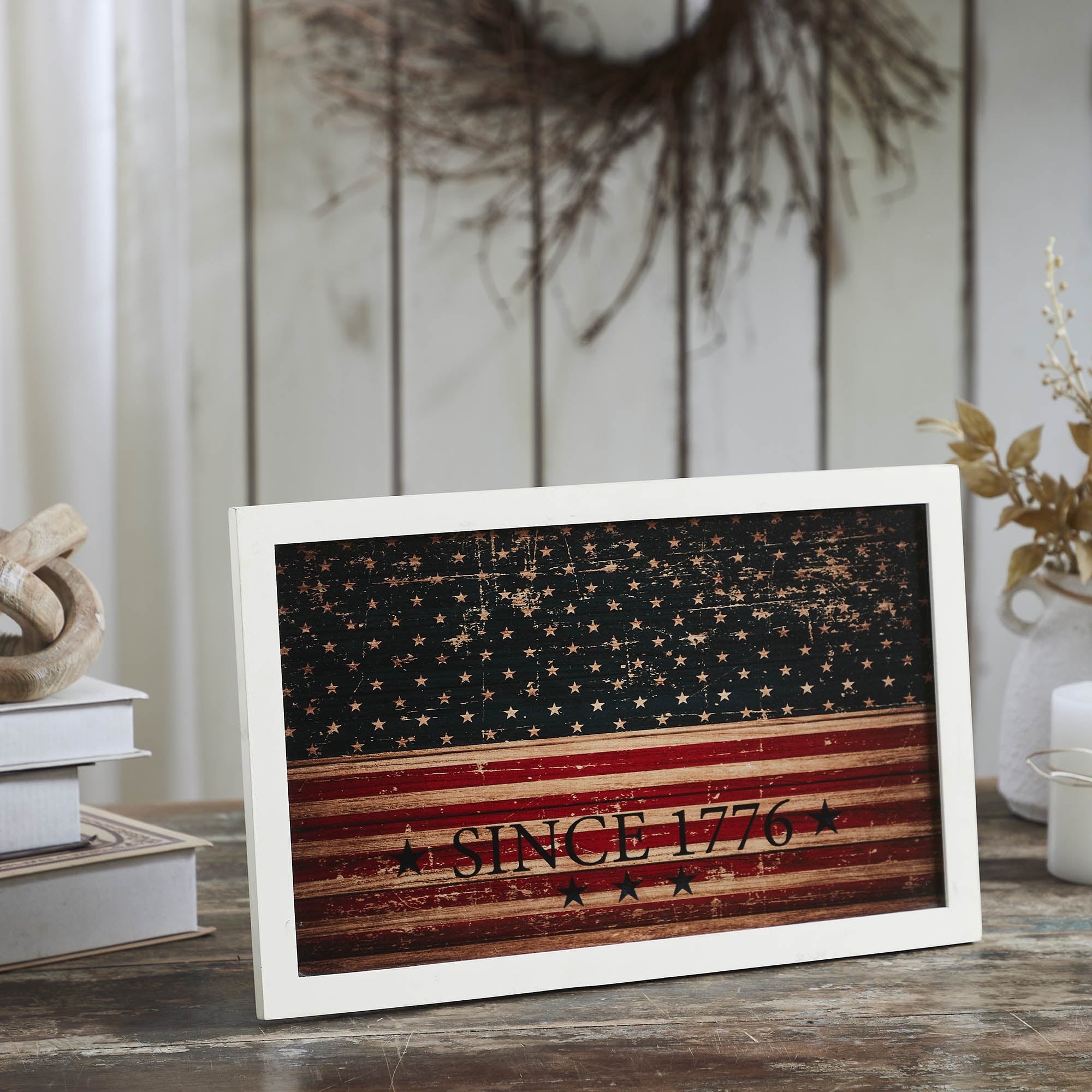 VHC Brands Patriotic Vintage USA Flag Since 1776 MDF Wall Hanging 10x16, Independence Day Decor, Decorative Sign, Rustic Farmhouse Fourth of July Decorations, Navy Blue, Deep Red, Tan