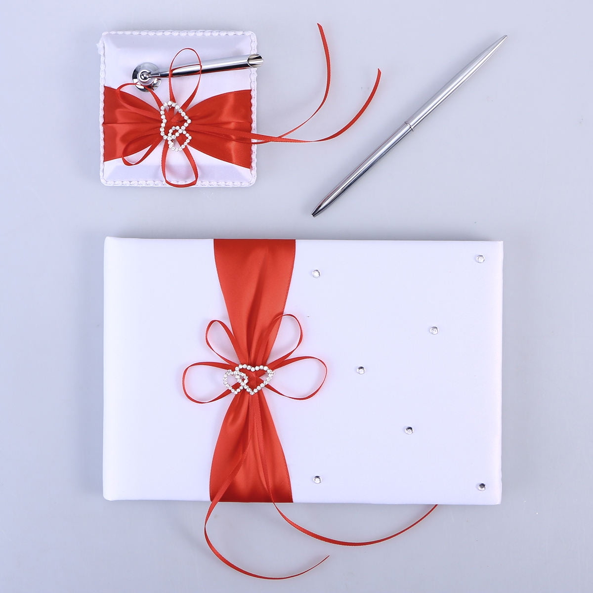 WHAMVOX Weddings Decor Guest Attendance Book with Pen and Pen Stand Sets Satin Bows Signature Book for Party Decorations (Red)
