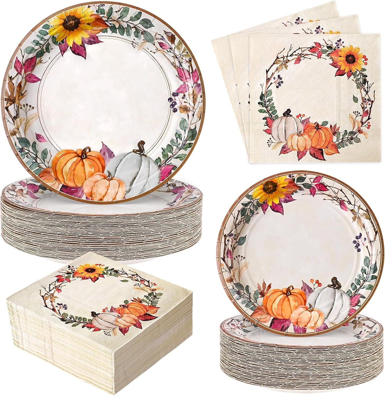 Waipfaru 200 Pcs Fall Paper Plates and Napkins Set, Serves 50,Heavy Duty Disposable Dinnerware for Harvest Thanksgiving Party Supplies