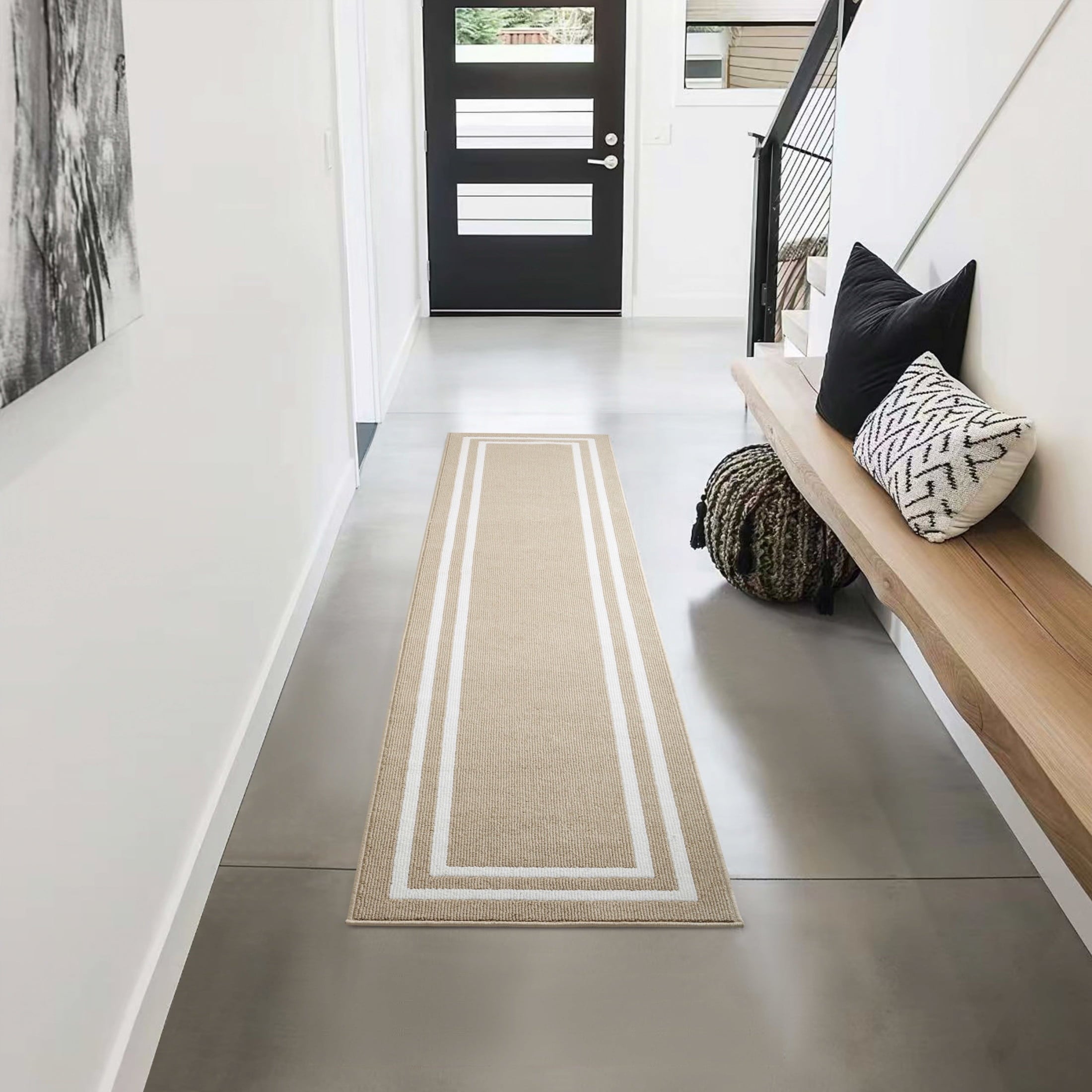Washable Skid-Resistant Runner Rug, Border, Dark Grey and White, 26" x 96"
