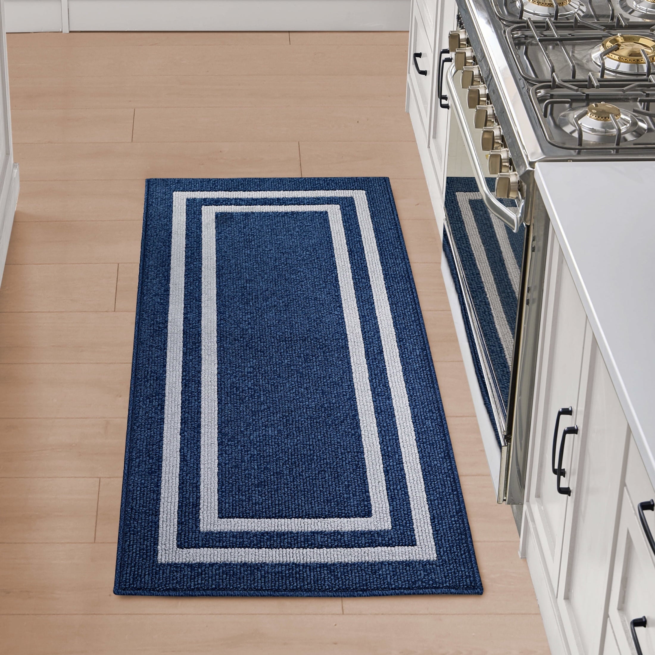 Washable Skid-Resistant Runner Rug, Border, Dark Grey and White, 26" x 96"