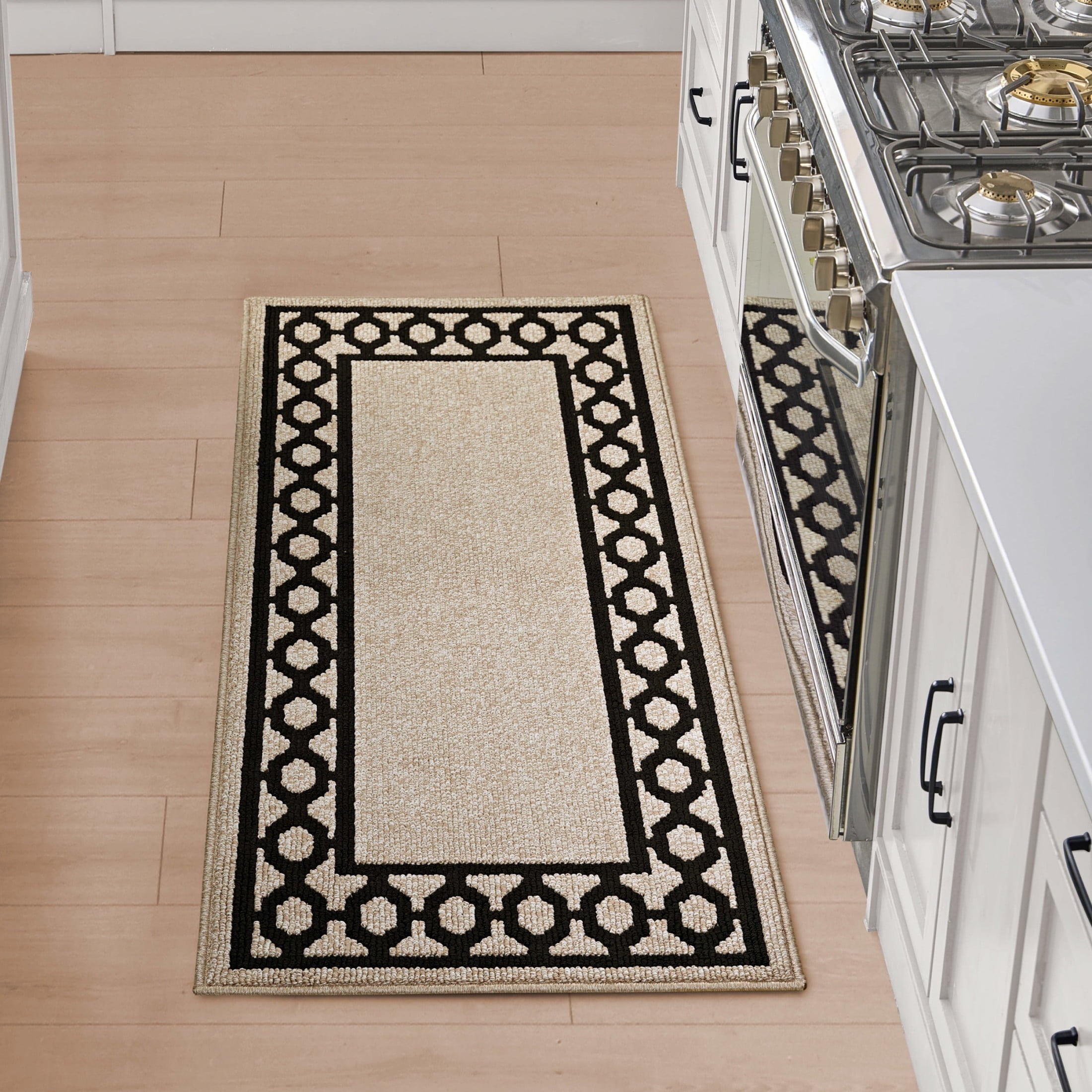 Washable Skid-Resistant Runner Rug, Trellis Border, Beige and White, 26" x 96"