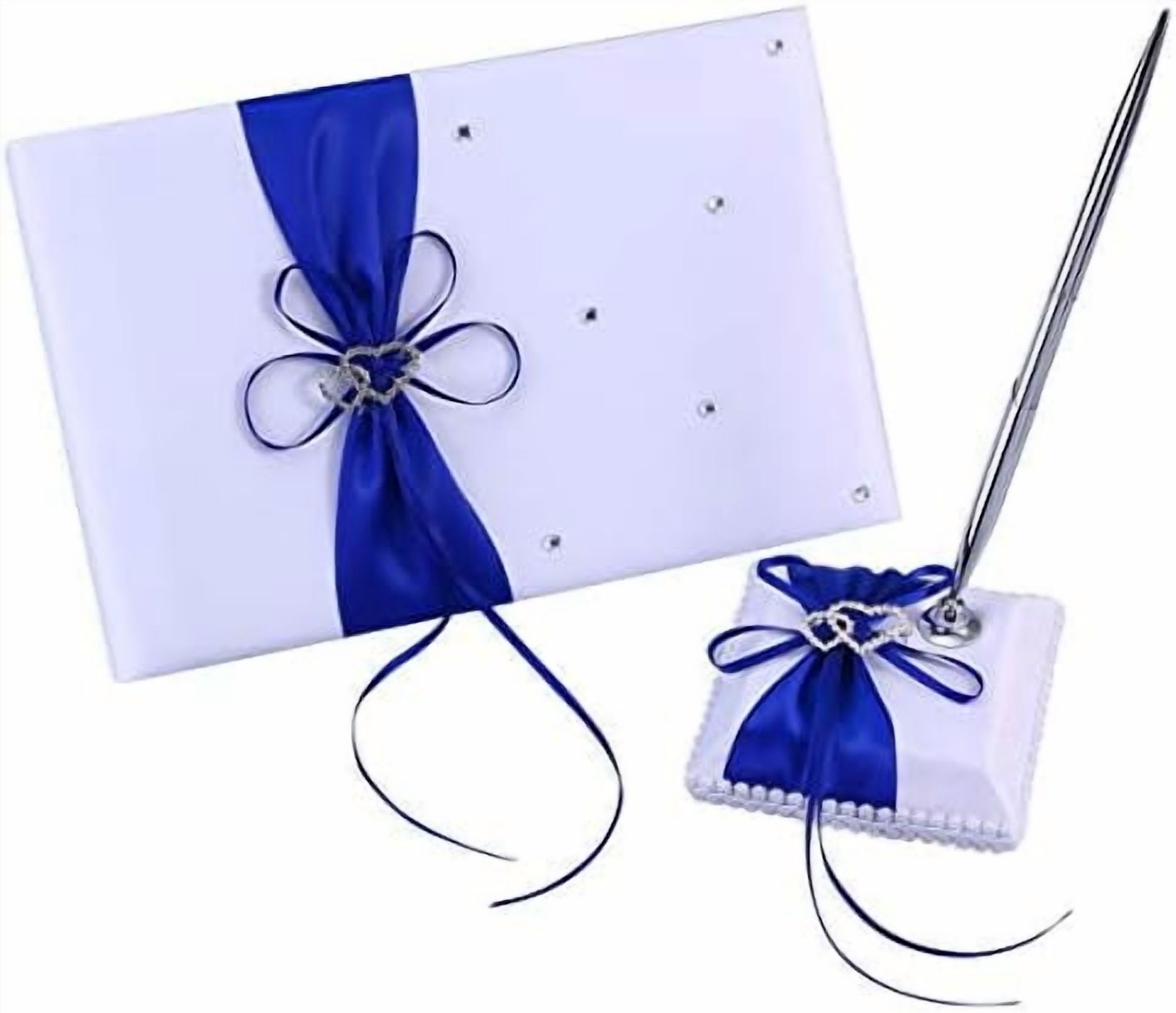 Wedding Guest Book and Pen Set Double Heart Rhinestone Decor Signature Book with Pen for Wedding Party Decorations - Blue
