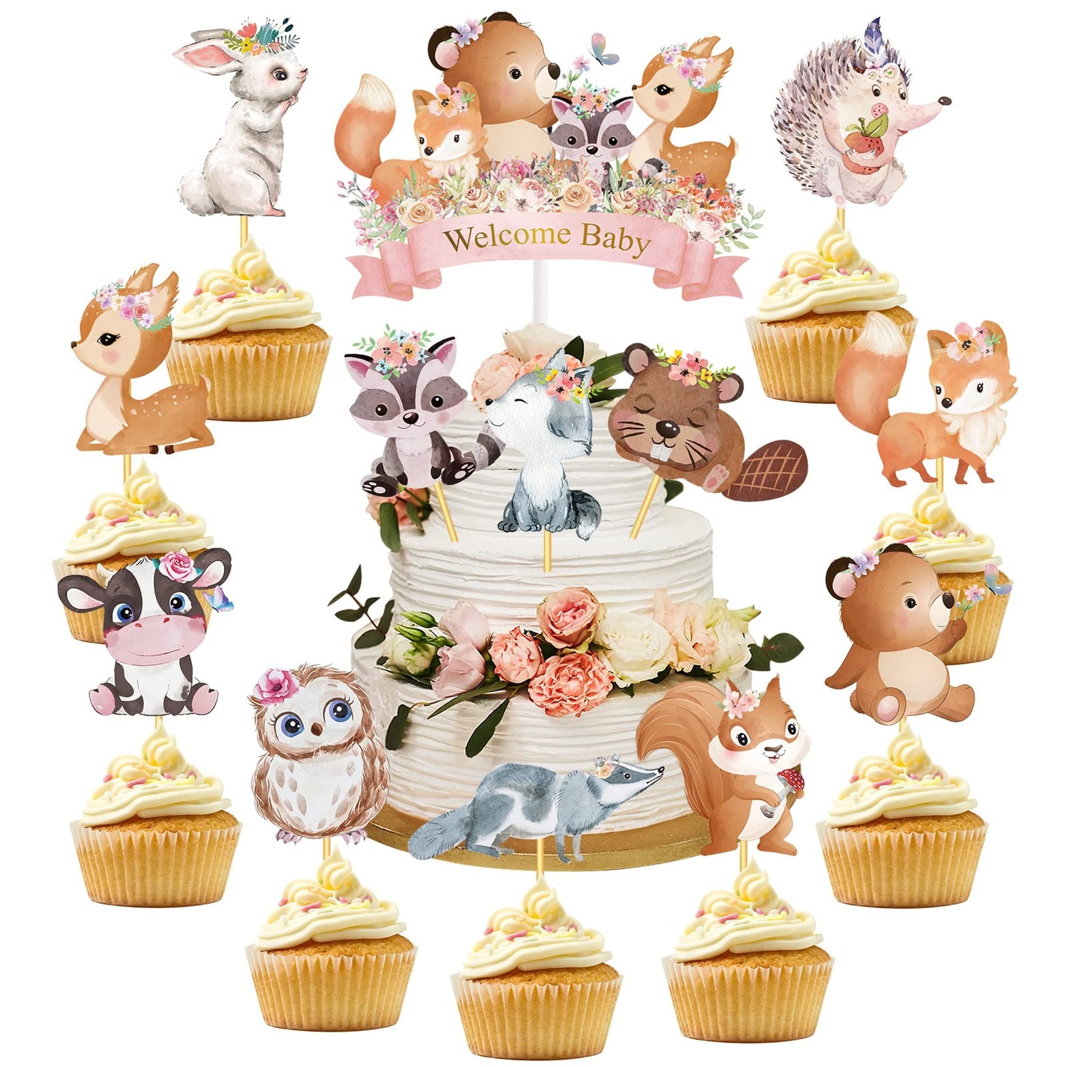 Woodland Creatures Cupcake & Cake Topper Set - Baby Shower Decorations with Deer, Bear, and Floral Theme - 49 Pieces for Girls & Boys Birthday Party