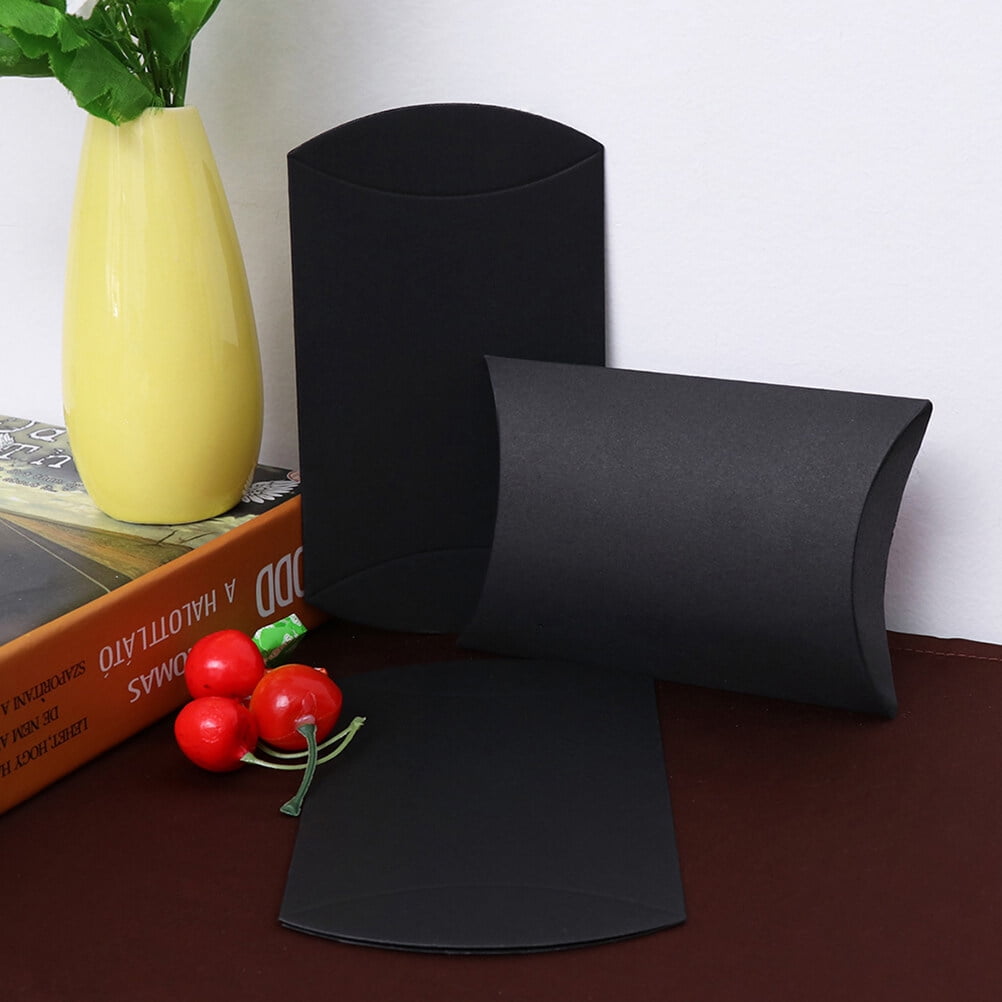 Worgeous 100Pcs Kraft Paper Candy Boxes Pillow Shape Gift Holder Party Paper Container with Rope for Home(Black)