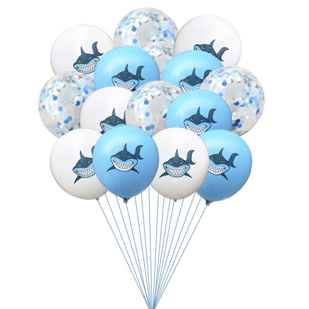 Yongwei party latex balloons 15pcs 12 Inch Shark Printed Balloons Sequins Balloons Party Supplies without Ribbon (5pcs White+5pcs Blue+5pcs Blue Confetti)