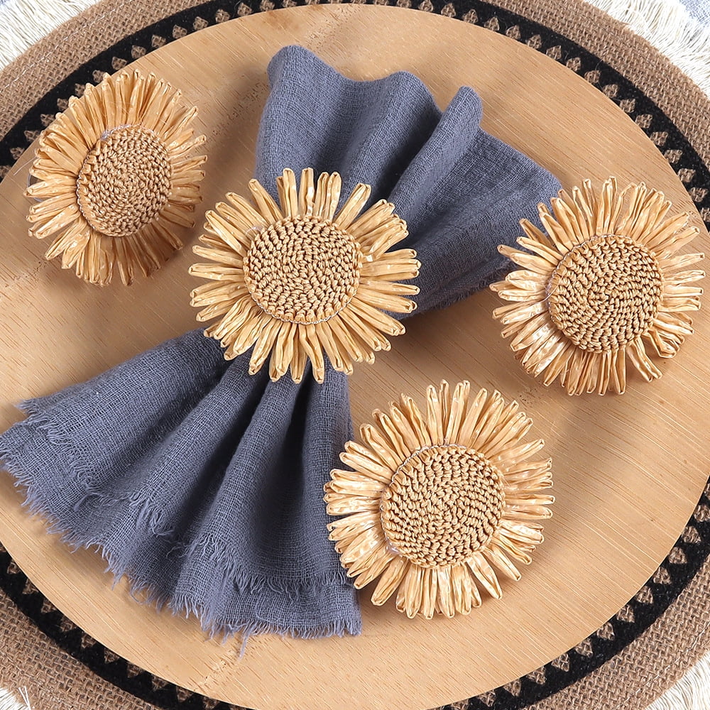 Yoyauz Woven Sunflower Napkin Rings Set of 12, Handmade Faux Yellow Daisy Napkin Ring, Braided Cotton Thread Serviette Buckles Holder for Dinner Table, Wedding, Family Gathering (Sunflower）