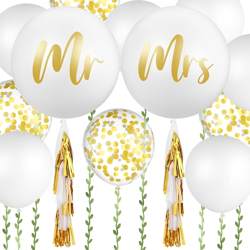 Zaoz 15 Pcs Giant Wedding Balloons Kit 36 Inch Jumbo White Balloons Mr. Mrs. Balloons with Paper Tassel 24 Inch White Large Balloons with 65ft Leaf Ribbon for Wedding Engagement A418