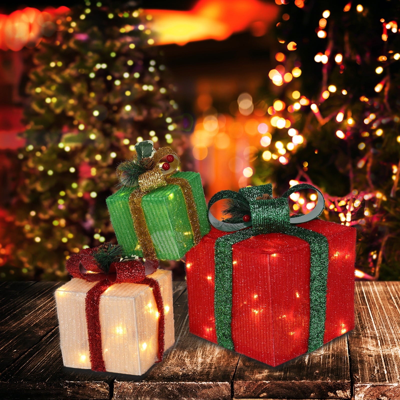 Zimtown 3 Set Lighted Gift Boxes Christmas Decorations Gift Boxes Christmas LED60 Light for Indoor Outdoor Decor