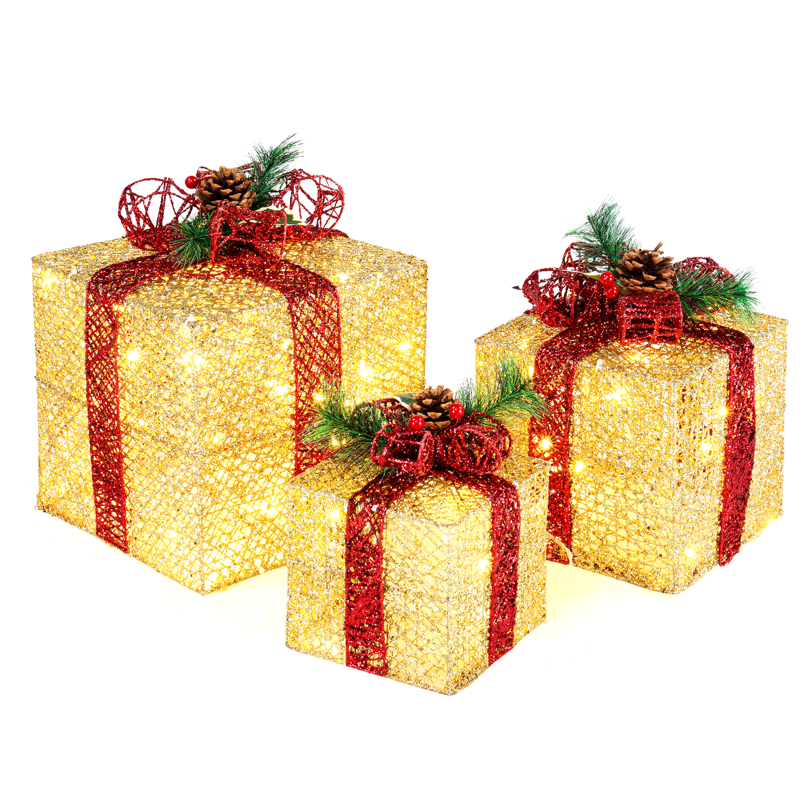 Zimtown 3 Set Lighted Gift Boxes Christmas Decorations Gift Boxes Christmas LED60 Light for Indoor Outdoor Decor
