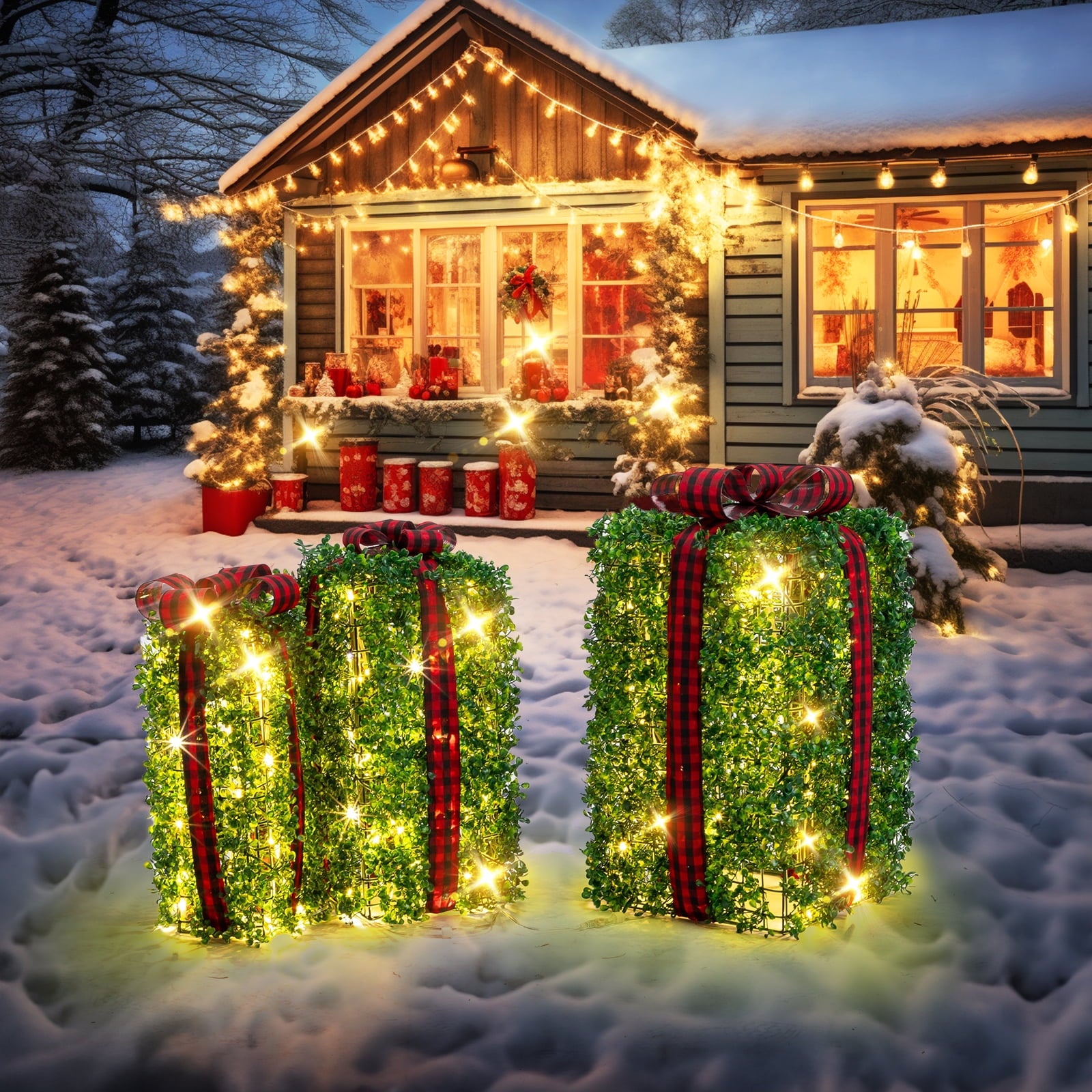 Zimtown 3 Set Lighted Gift Boxes Christmas Decorations PVC LED150 Light for Indoor Outdoor Decor