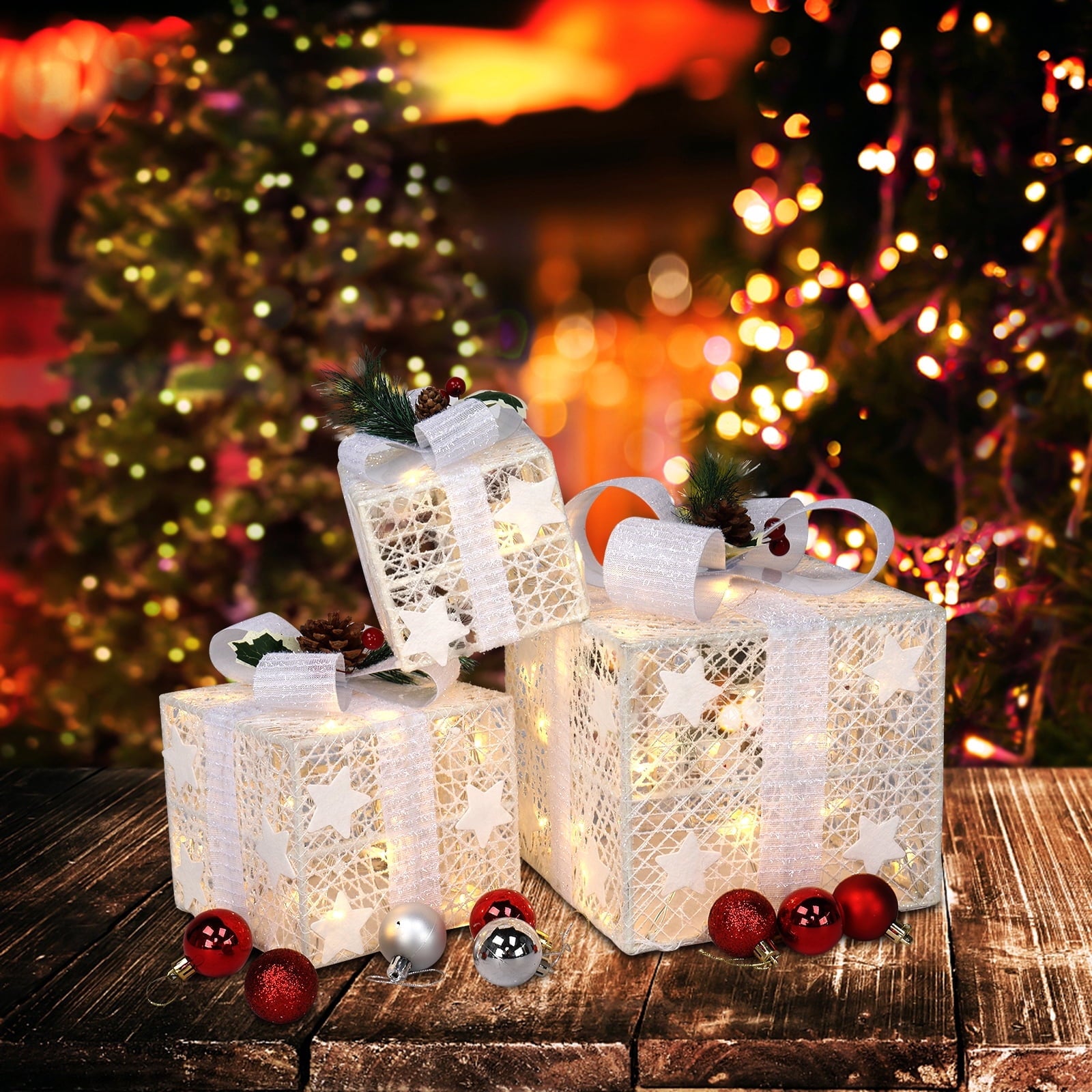 Zimtown 3 Set Lighted Gift Boxes Christmas Decorations Gift Boxes Christmas LED60 Light for Indoor Outdoor Decor