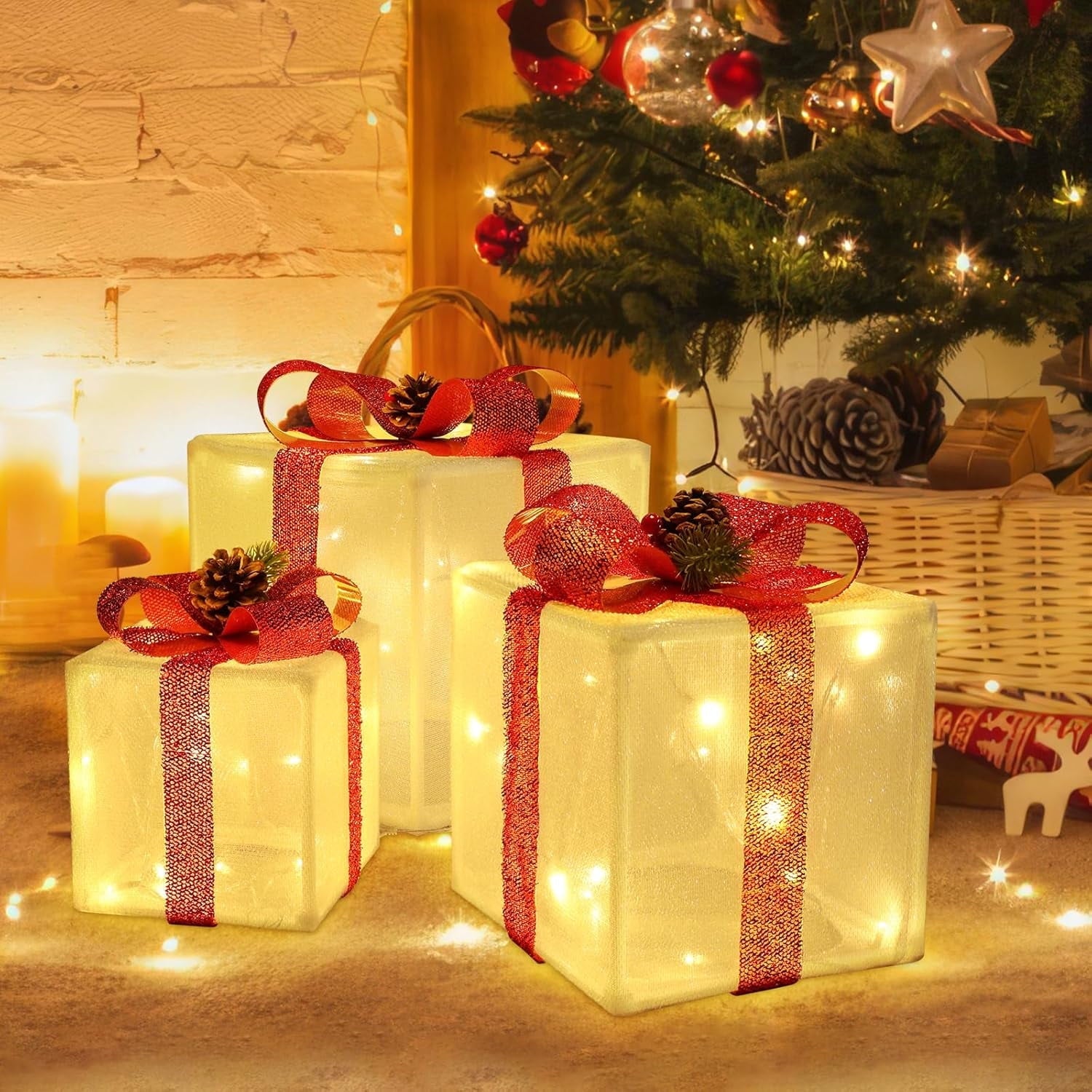 Zsiparty Christmas Decorations, Set of 3 Christmas Lighted Gift Boxes LED Light up Xmas Present Ornament for Tree Indoor Outdoor Yard Holiday Door, Christmas Lights,Warm White