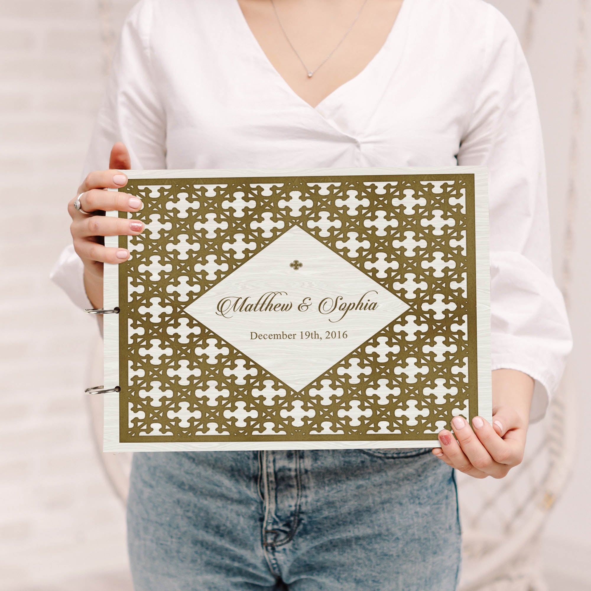 Darling Souvenir Personalized Engraved Laser Cut Wedding Guest Book Wooden Cover Sign-in Book Registry Guestbook Scrapbook-XA