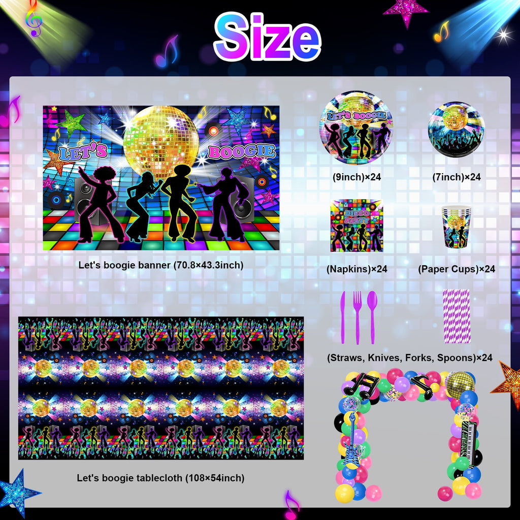 Mocsicka 70s Party Decorations 280 PCS Disco Party Decorations Kit Let's Boogie Backdrop Disco Balloons 70s Tableware Tablecloth Disco Party Supplies