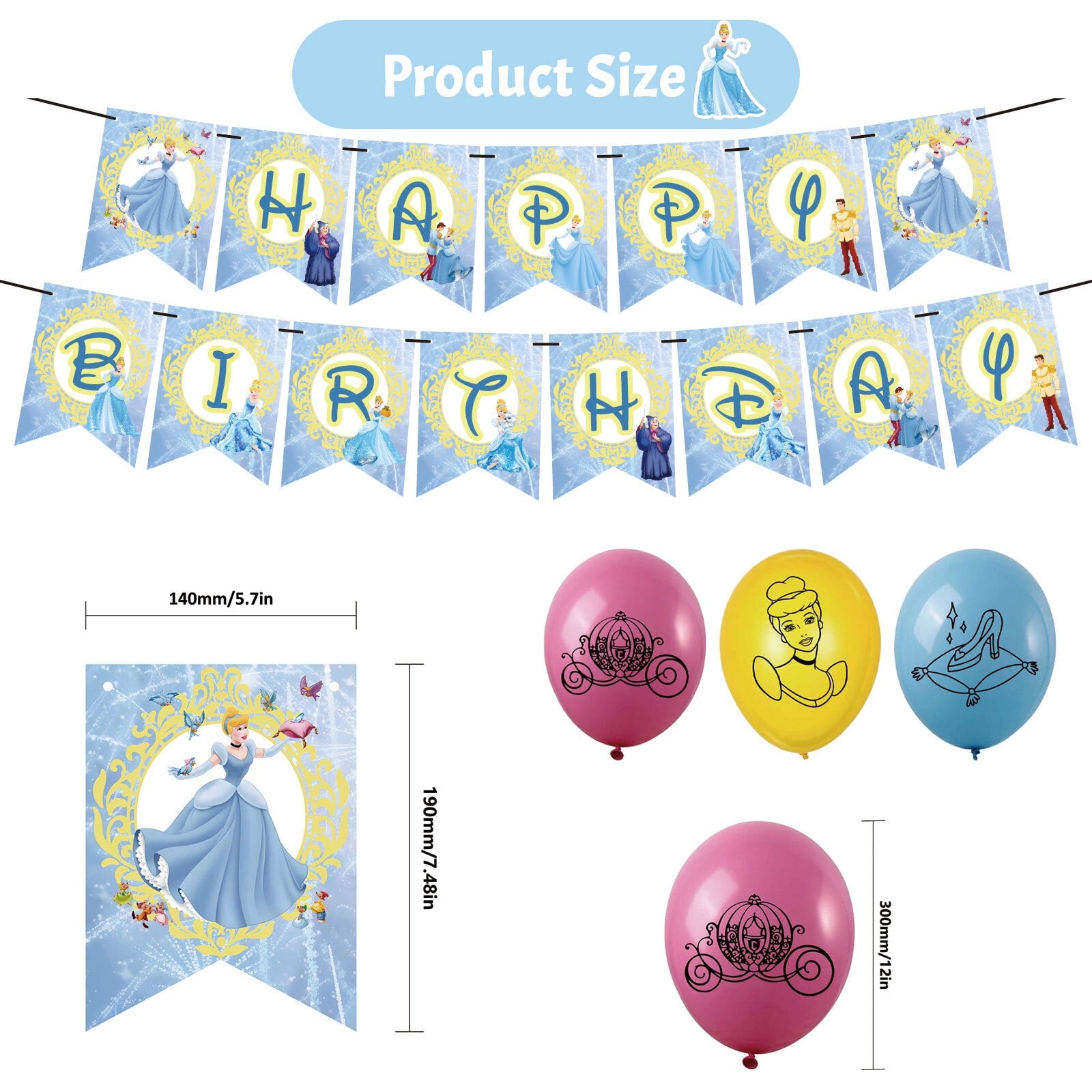 40PCS For Cinderella Birthday Party Decorations,With 1 Happy Birthday Banner Garland,2 Foil Balloons,6 Hanging Swirls,13 Cupcake Toppers,18 Balloons for Party Supplies