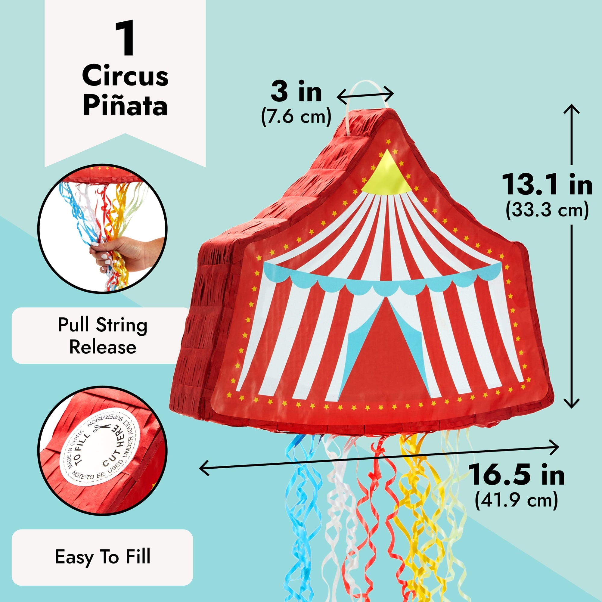 Pull String Circus Pinata - Carnival Theme Party Decorations for Birthday (Small, 16.5x3x13 In), For Ages 3+