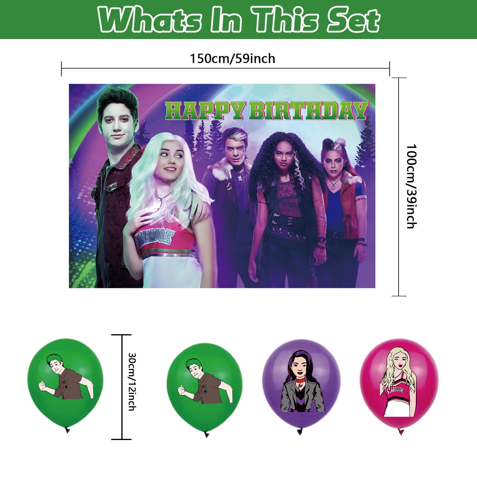 32 Pcs For Zombies Cartoon - Party Decoration Kit – Includes Backdrop, Cake Topper, 12 Cupcake Toppers, and 18 Balloons for Festive and Birthday Celebrations