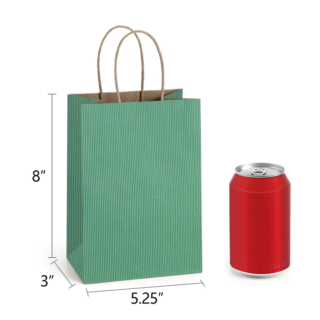 BagDream 100 Pack Green Gift Bags with Handles Small Kraft Paper Bags for Birthday, Christmas, Gifts, Holidays, 5.25x3x8inches
