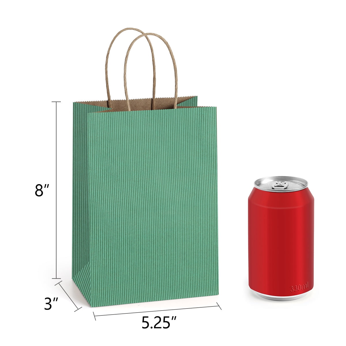 BagDream 100 Pack Green Gift Bags with Handles Small Kraft Paper Bags for Birthday, Christmas, Gifts, Holidays, 5.25x3x8inches