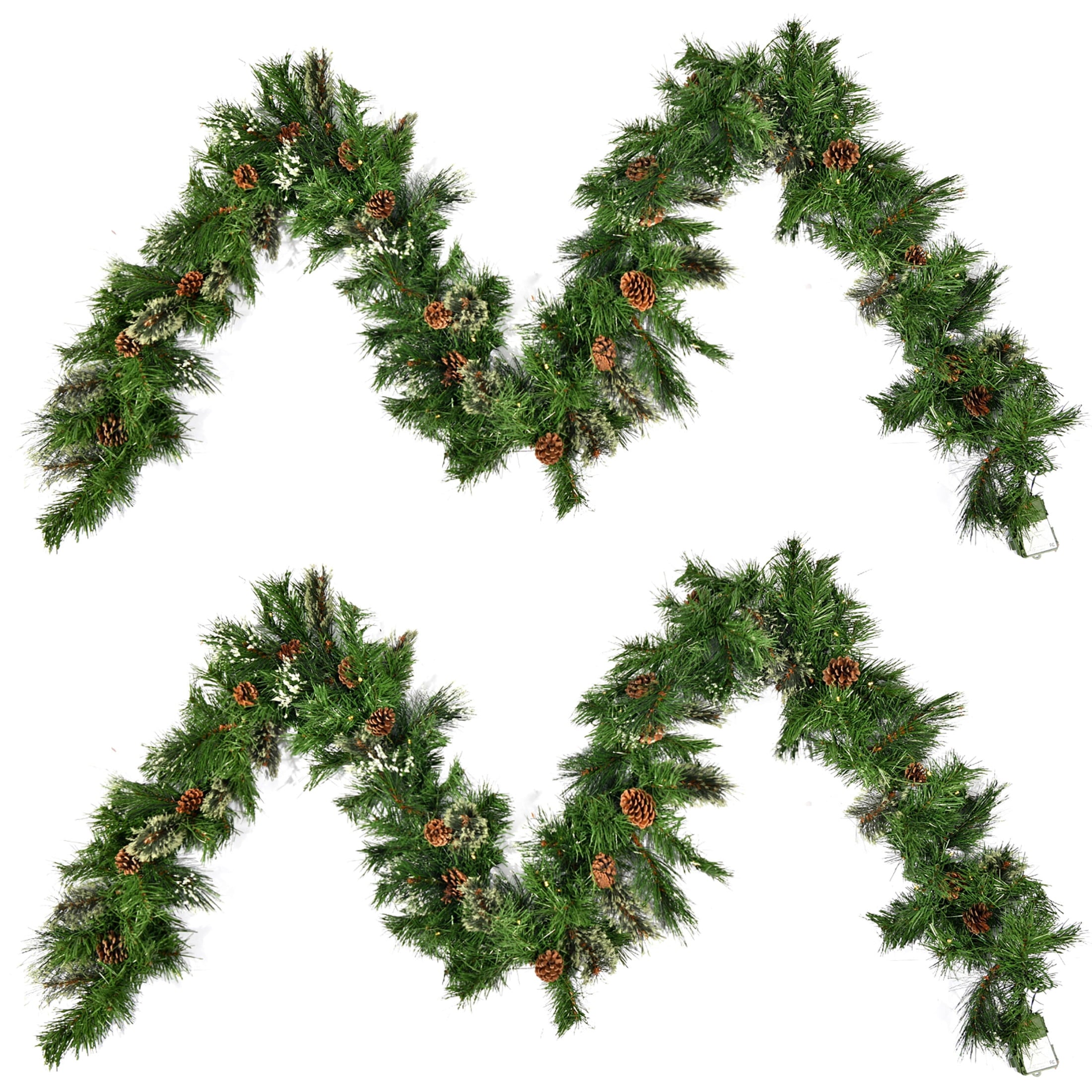 9’X10’’ Cashmere and Snow Bristle Garland with 20 Pine Cones and with 50 Warm White LED Lights with Timer-Battery Operated-Outdoor，160 Tips, Green