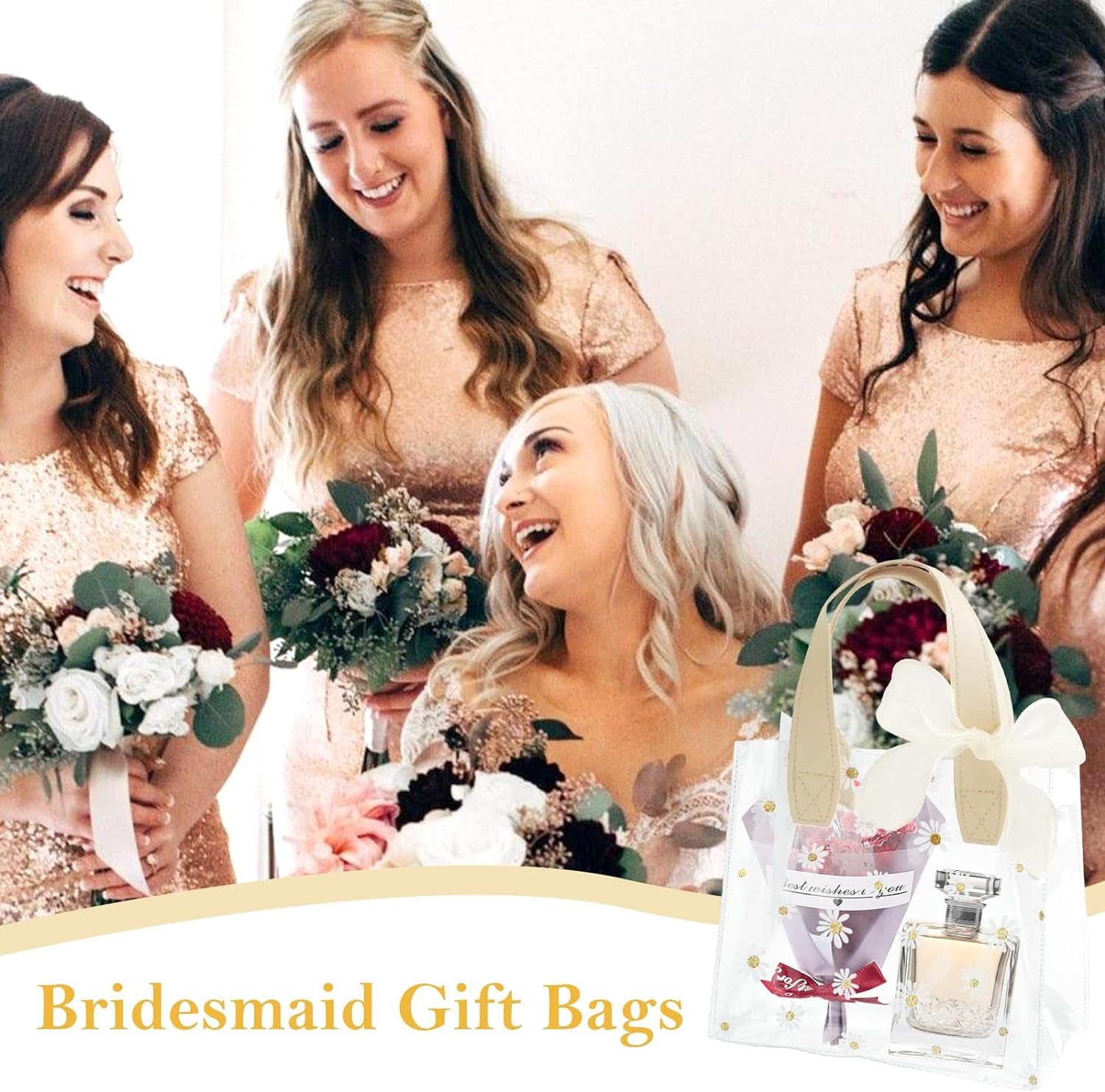 24 Pack Clear Gift Bags with Handle, Inches Reusable PVC Party Favor Bags Gift Wrap Tote Bags with 2 Ribbons, Cute Goodies bags for Wedding Birthday Boutique Shopping, 7.87 x 7.09 x 3.94 (white)