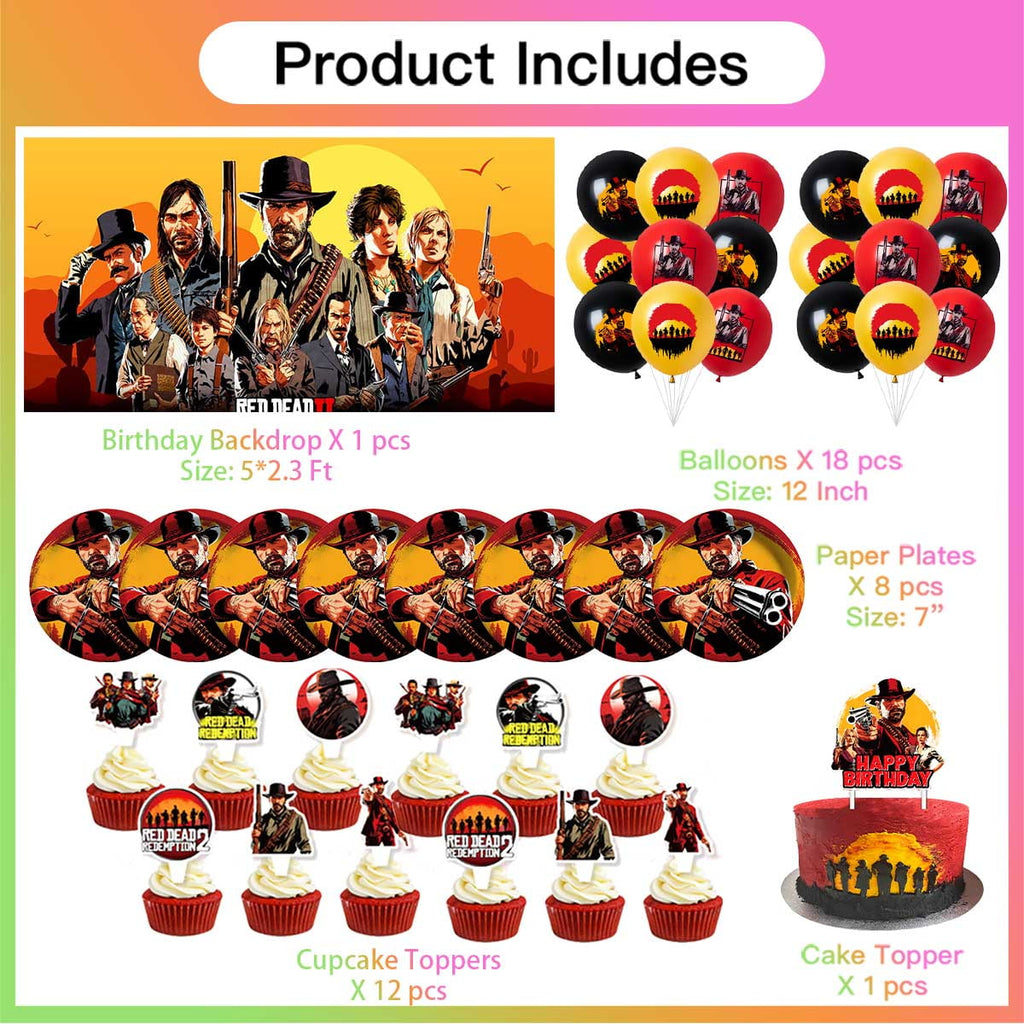 Red Dead Redemption Balloons Supplies Party Decor Plates Decorations Banner Cake Topper Tableware Banner Backdrop