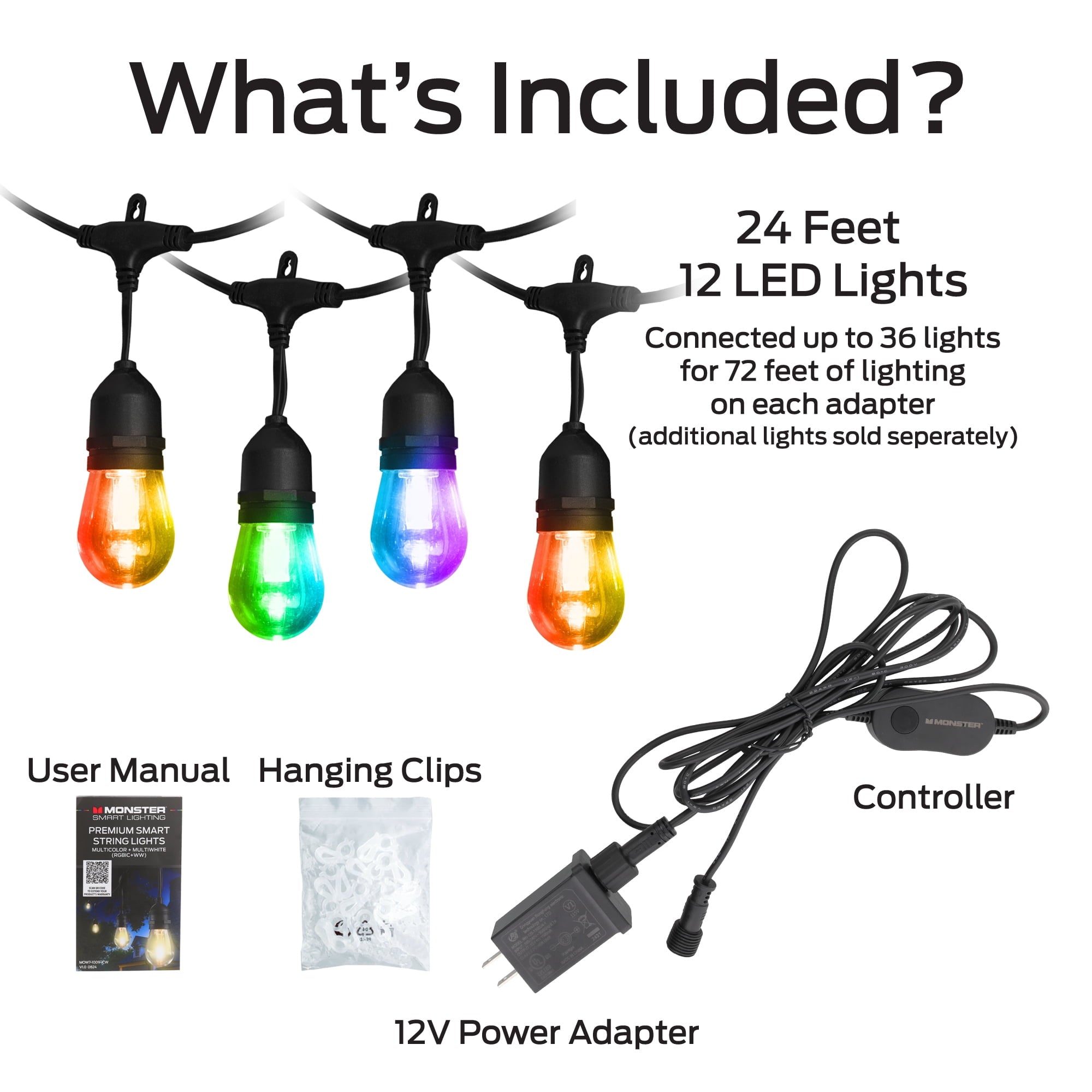Monster Smart String Lights, Sound Reactive Outdoor String Lights w/ Voice Control, 24ft (12 Lights)