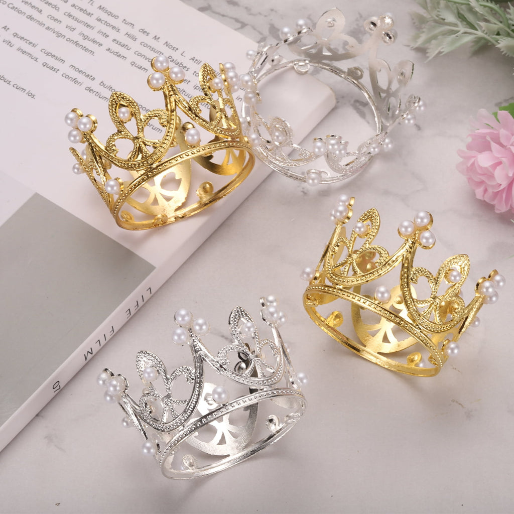 Uxcell 24Pcs Mini Crown Cake Toppers, Alloy Queen Princess Little Silver Crown Heart Shaped, Mini Pearls