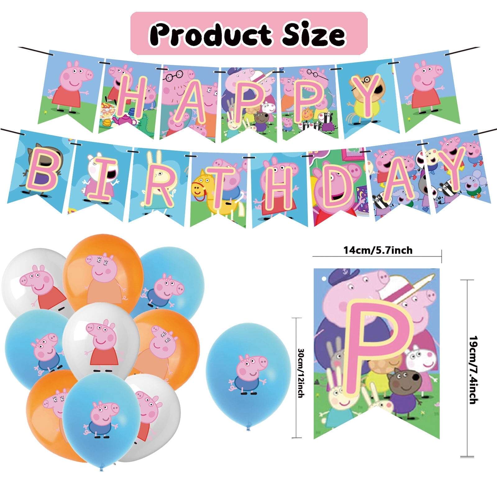 32-Pcs For Peppa Cartoon For Pig-Themed Party Decoration Set – Includes Banner, Cake Topper, 12 Cupcake Toppers, and 18 Balloons for Festive Celebrations
