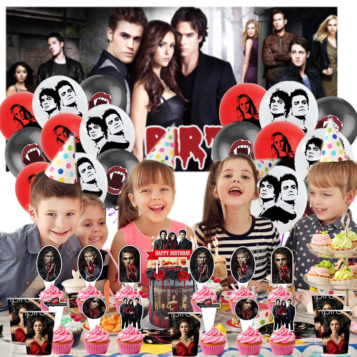 The Vampire Diaries Balloons Supplies Party Decor Plates Decorations Banner Cake Topper Tableware Banner Backdrop