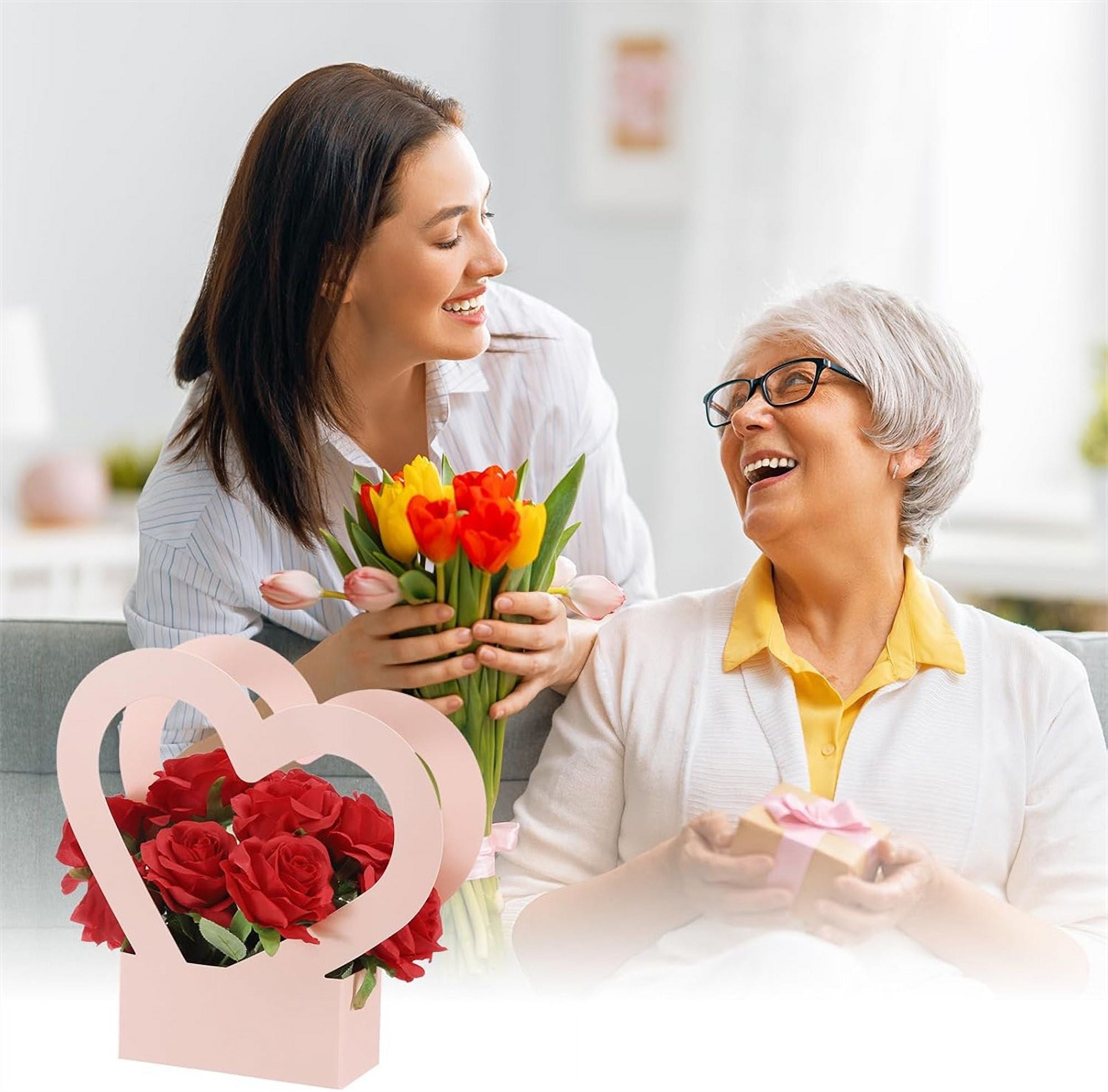 NOGIS Heart Shaped Boxes for Flowers, 12 Pack Empty Arrangement Bouquet Gift Bags with Handle for Party Wedding Graduation, Pink and Black