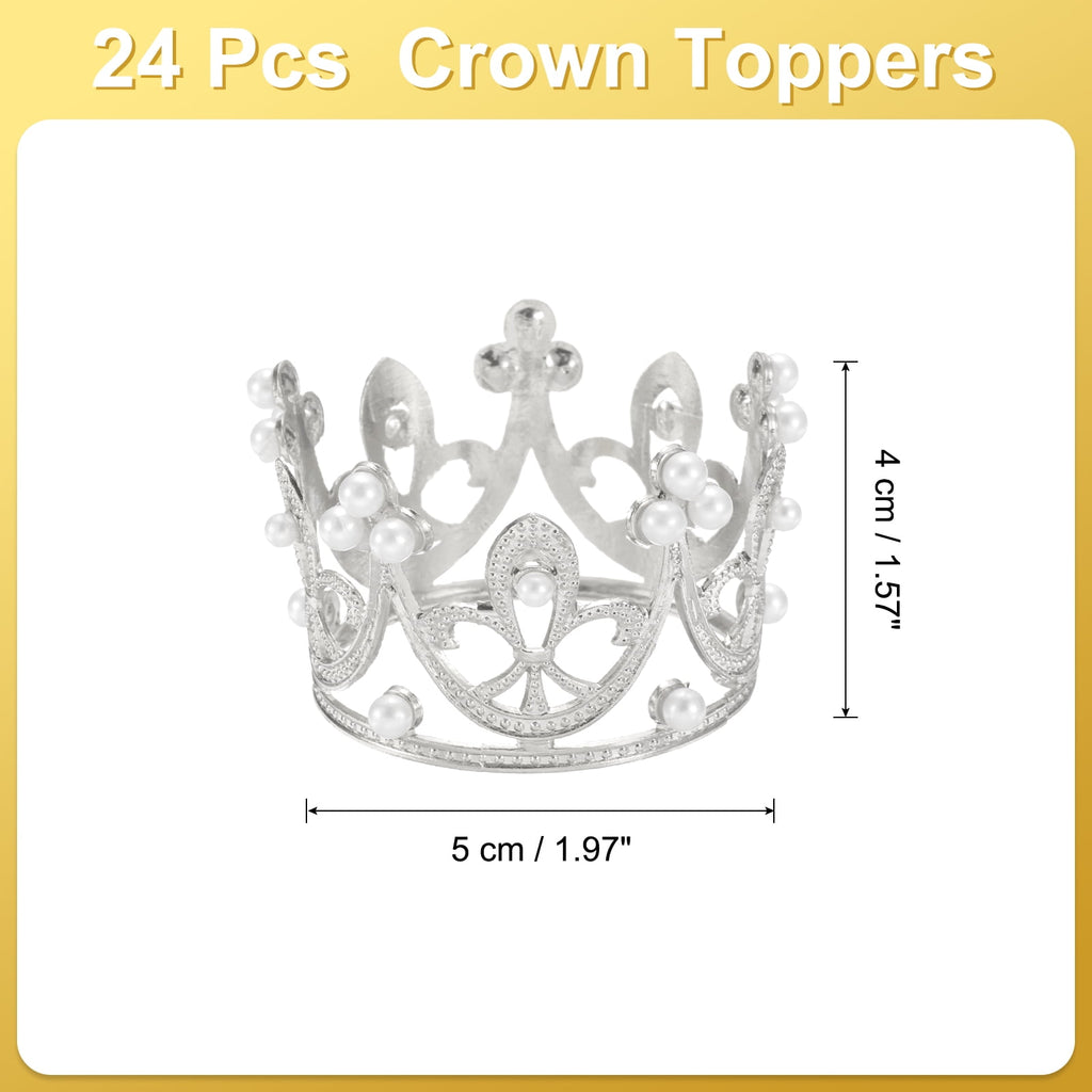 Uxcell 24Pcs Mini Crown Cake Toppers, Alloy Queen Princess Little Silver Crown Heart Shaped, Mini Pearls