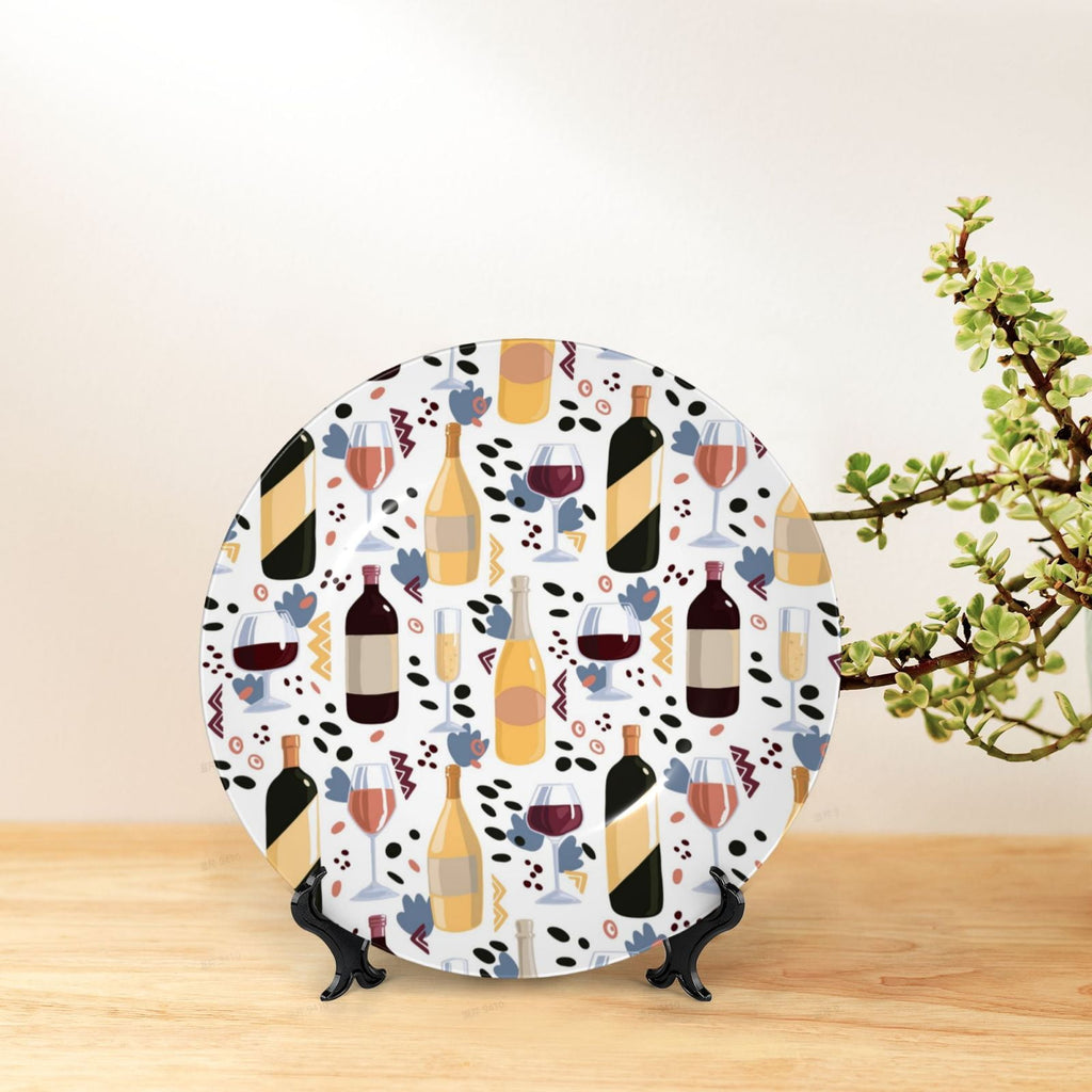 Cauagu Wine Bottles Glasses Print Bone China Decorative Plate, Wall Mount Plate Holiday Decor Decorative Ceramic Plates with Stand Elegant Household Plates Decorative-8in