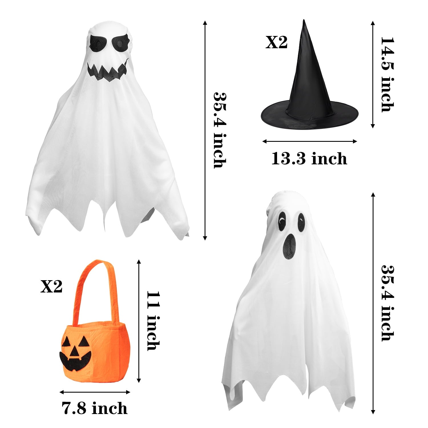 6 Piece Spooky Double Dress Up for Boys&Girls, Hat White Cloak Pumpkin Bag Set for Horror Themed Party Decor