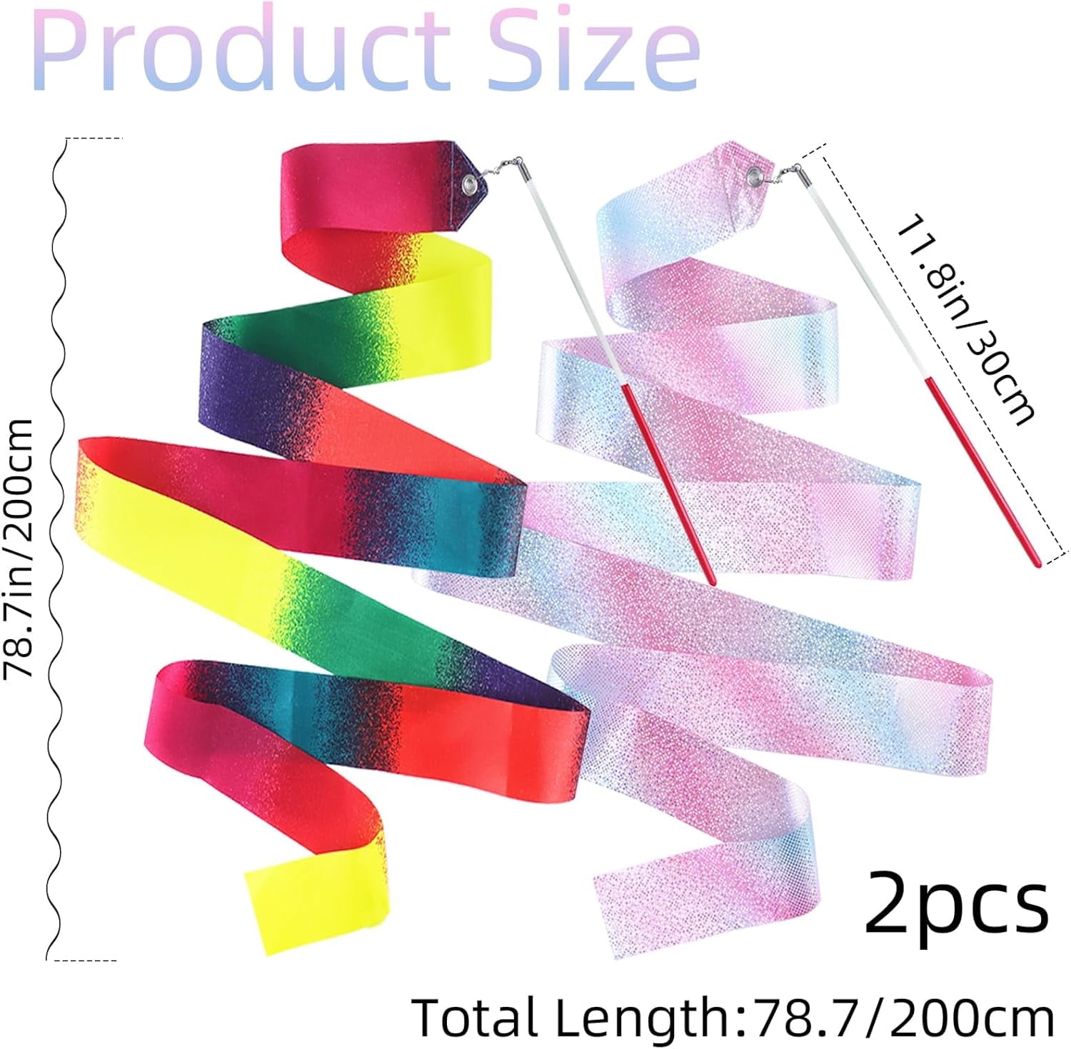 2 Pcs Dance Ribbons,Gymnastics Ribbon 78.7 Inch Twirling Dancing Ribbons Sparkly Dance Ribbon Birthday Party Decorations,Suitable for Girls Children Adults Ballet(Sparkling Stars and Gradient Colors)