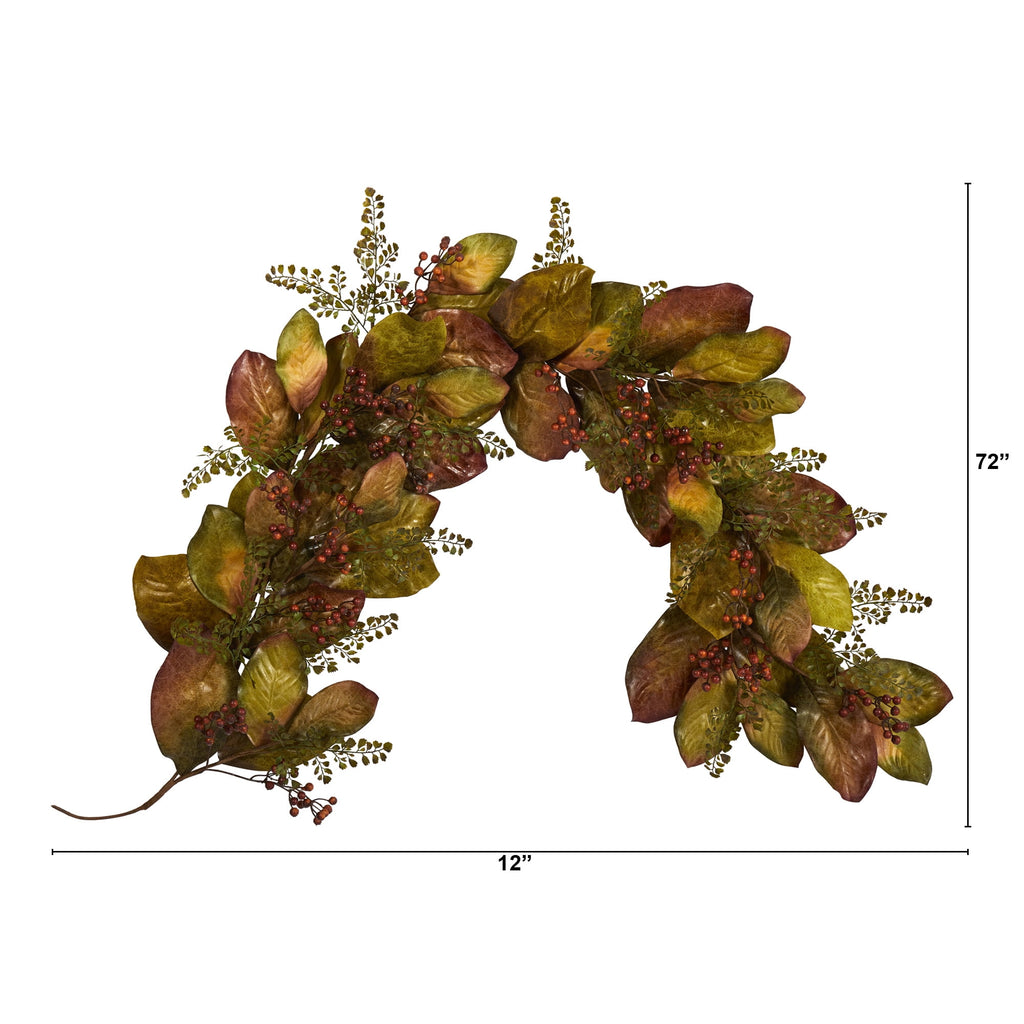 Nearly Natural 6' Autumn Magnolia Leaf and Berries Holiday Artificial Garland