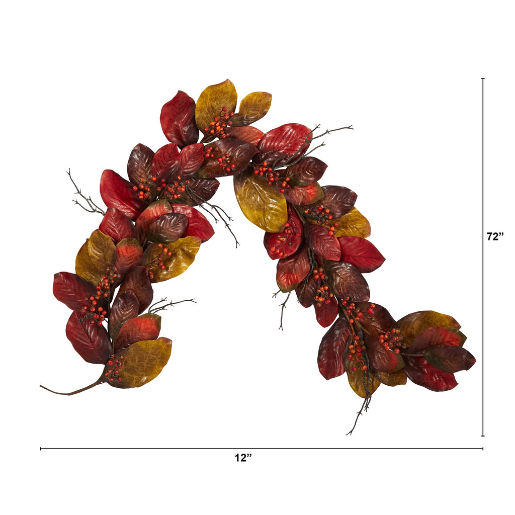 Nearly Natural 6' Harvest Magnolia Leaf with Berries Artificial Garland, Orange
