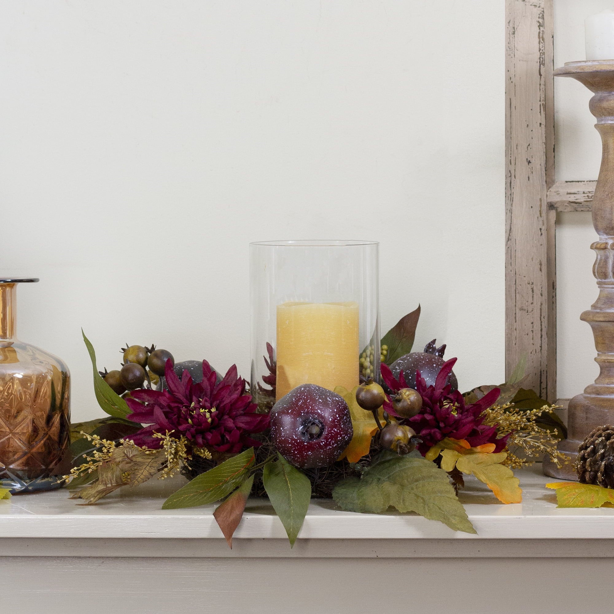 17" Autumn Harvest Apple and Berry Hurricane Glass Pillar Candle Holder