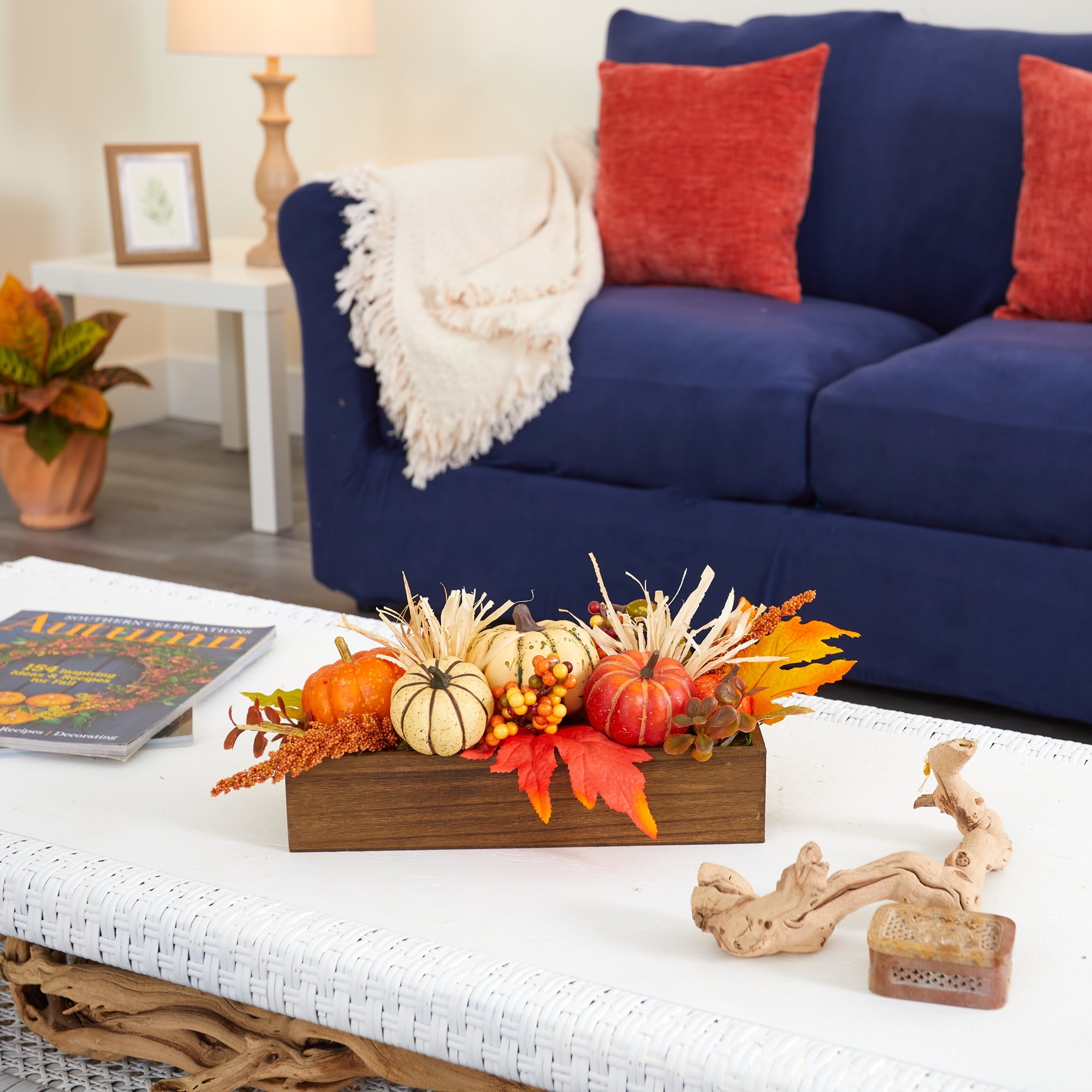 Nearly Natural 16" Harvest Pumpkin and Berries Artificial Flowers Arrangement in Wood Vase, Orange