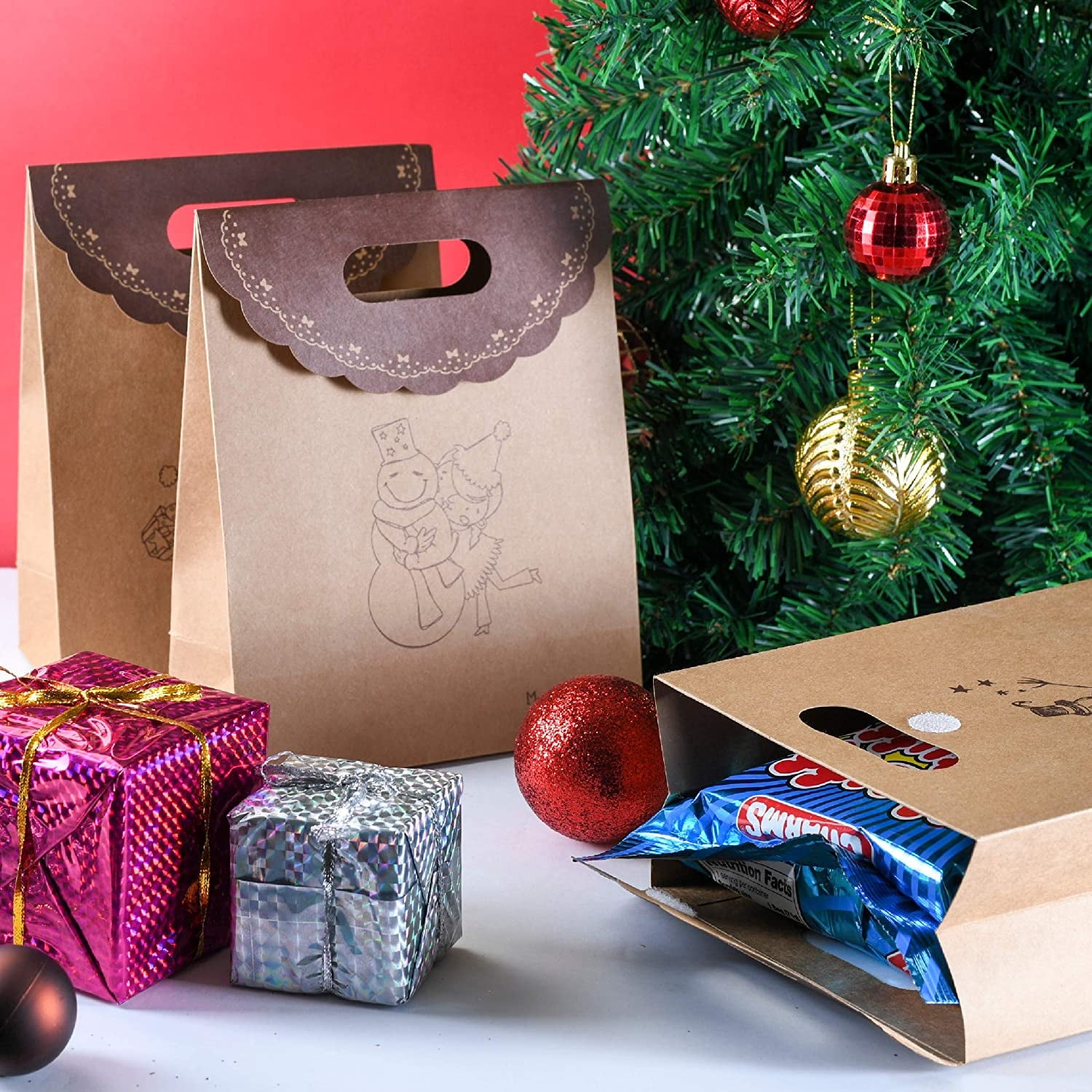 Christmas Gift Bags - 12 Pack Medium Fold Over Brown Kraft Christmas Bags for Gifts, Holiday Favors and Christmas Goodies