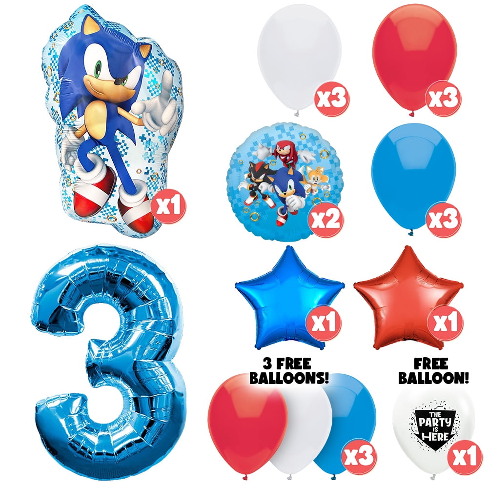 20pc Sonic the Hedgehog Balloons Bouquet Kit - Kids Party Decor Decoration Supplies with 42" Blue Number 3 Balloon - Video Game Birthday Balloons