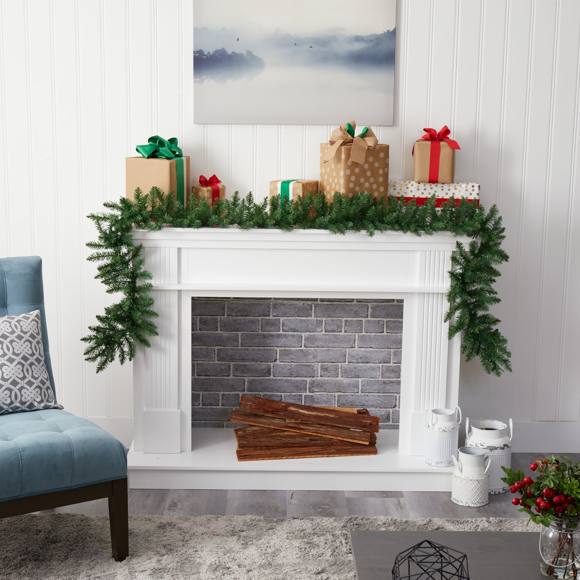 Nearly Natural Holiday Pine Prelit Battery Operated Garland, 5.00" (Green)